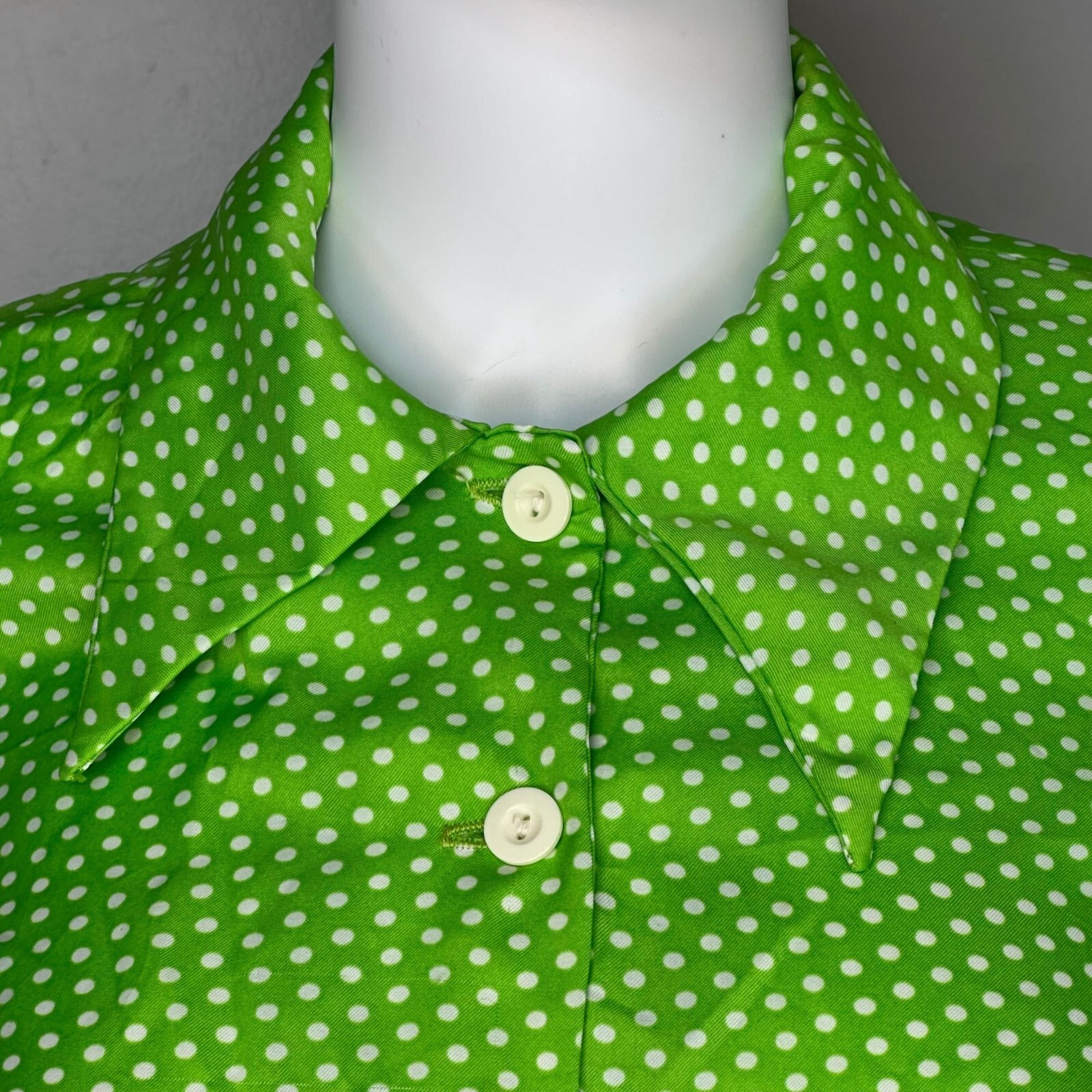 Vtg 1970s Green White Polka Dot Blouse 70s Melissa Lane Shirt Top Long Sleeve