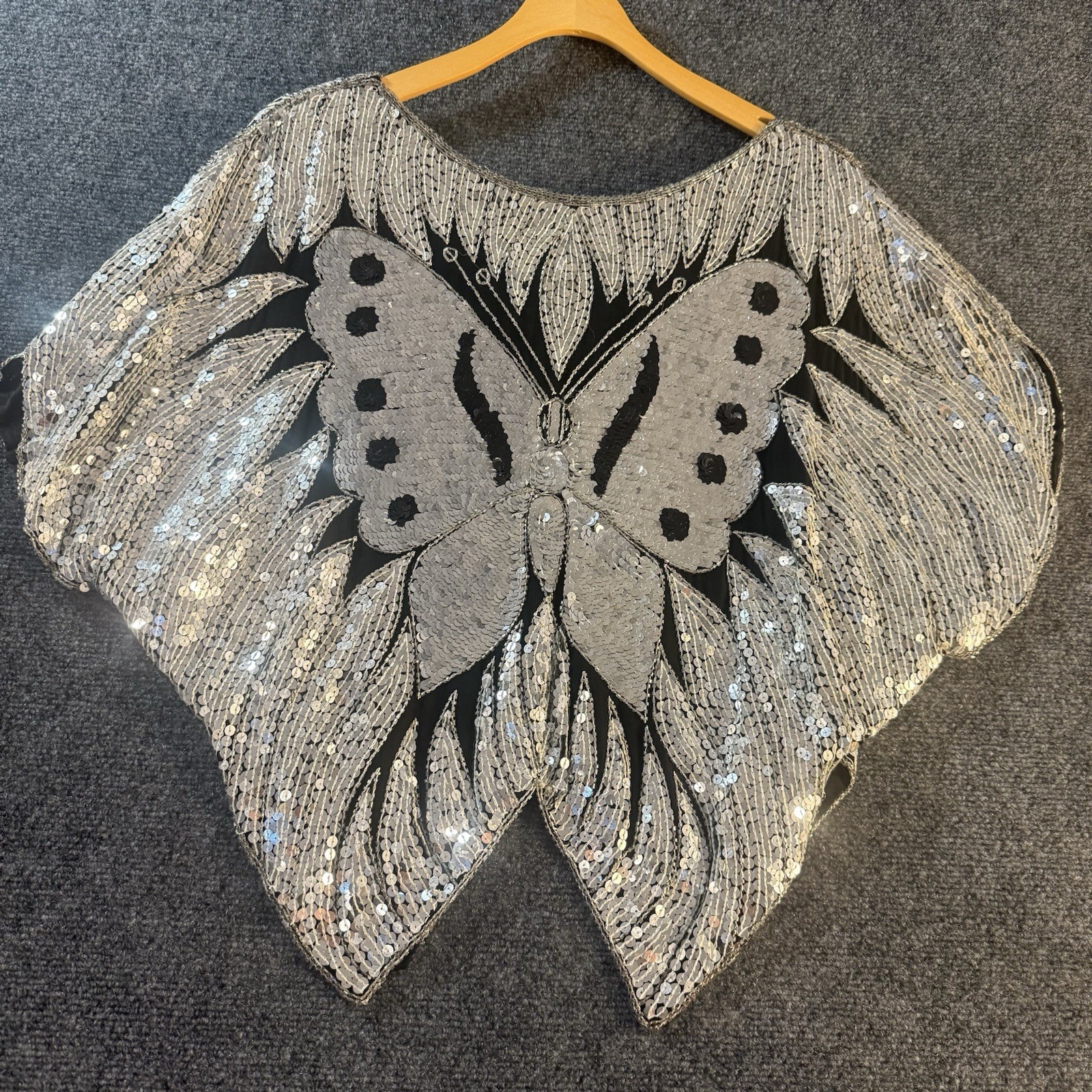 Vintage Silk Beaded Butterfly Top Sequin Black Silver Studio 54 Disco Glam OS