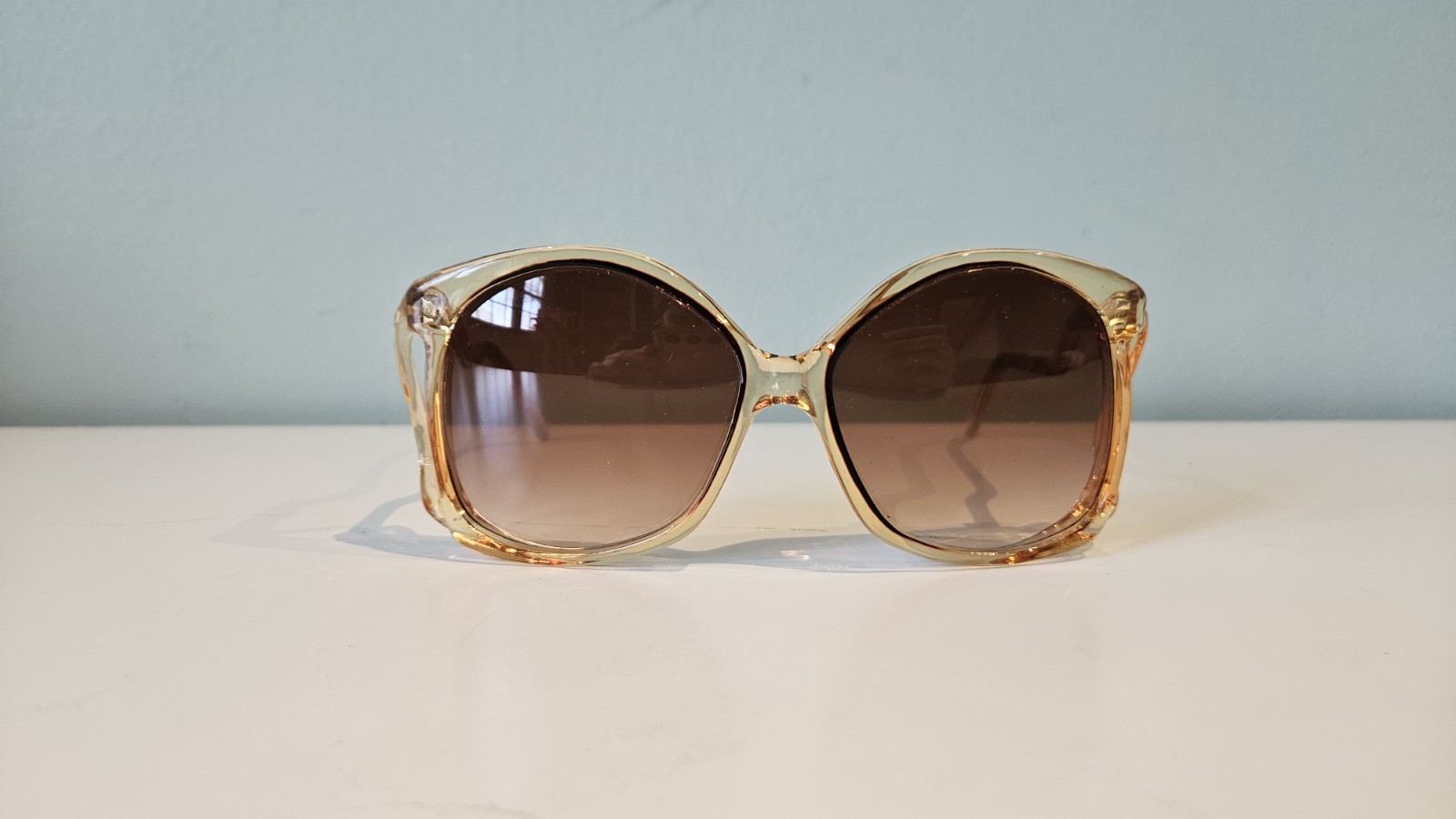 Vintage 70s Sunglasses Large Oversized Clear Amber Frame Unique Shape Retro