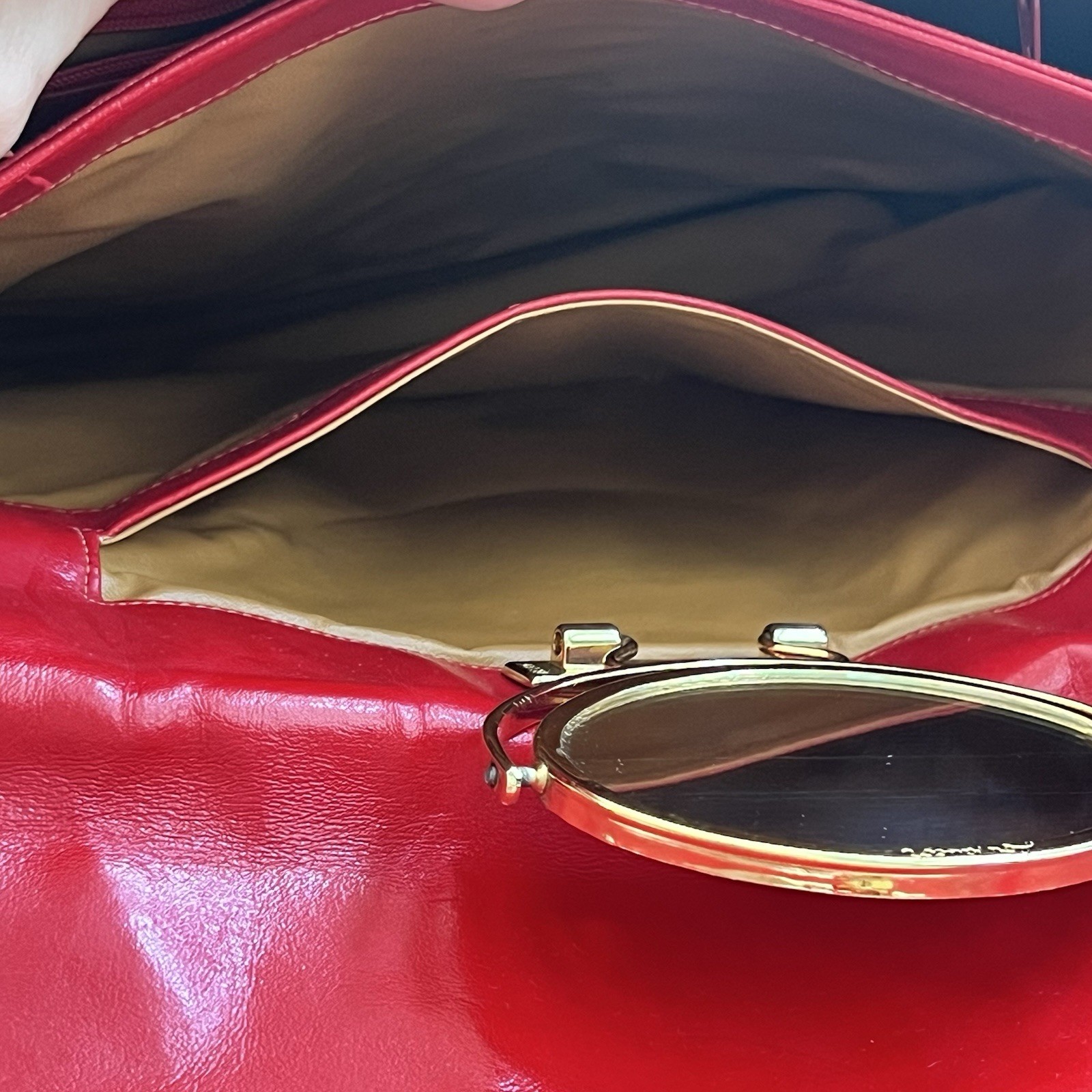 Vintage Lou Taylor Red and Beige Leather Purse Gold Hardware Double Sided Mirror