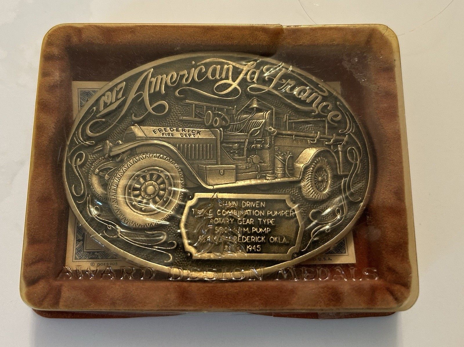 VINTAGE 1917 AMERICA LA FRANCE FIRE FIGHTER TRUCK BELT BUCKLE w CERTIFICATE NOS