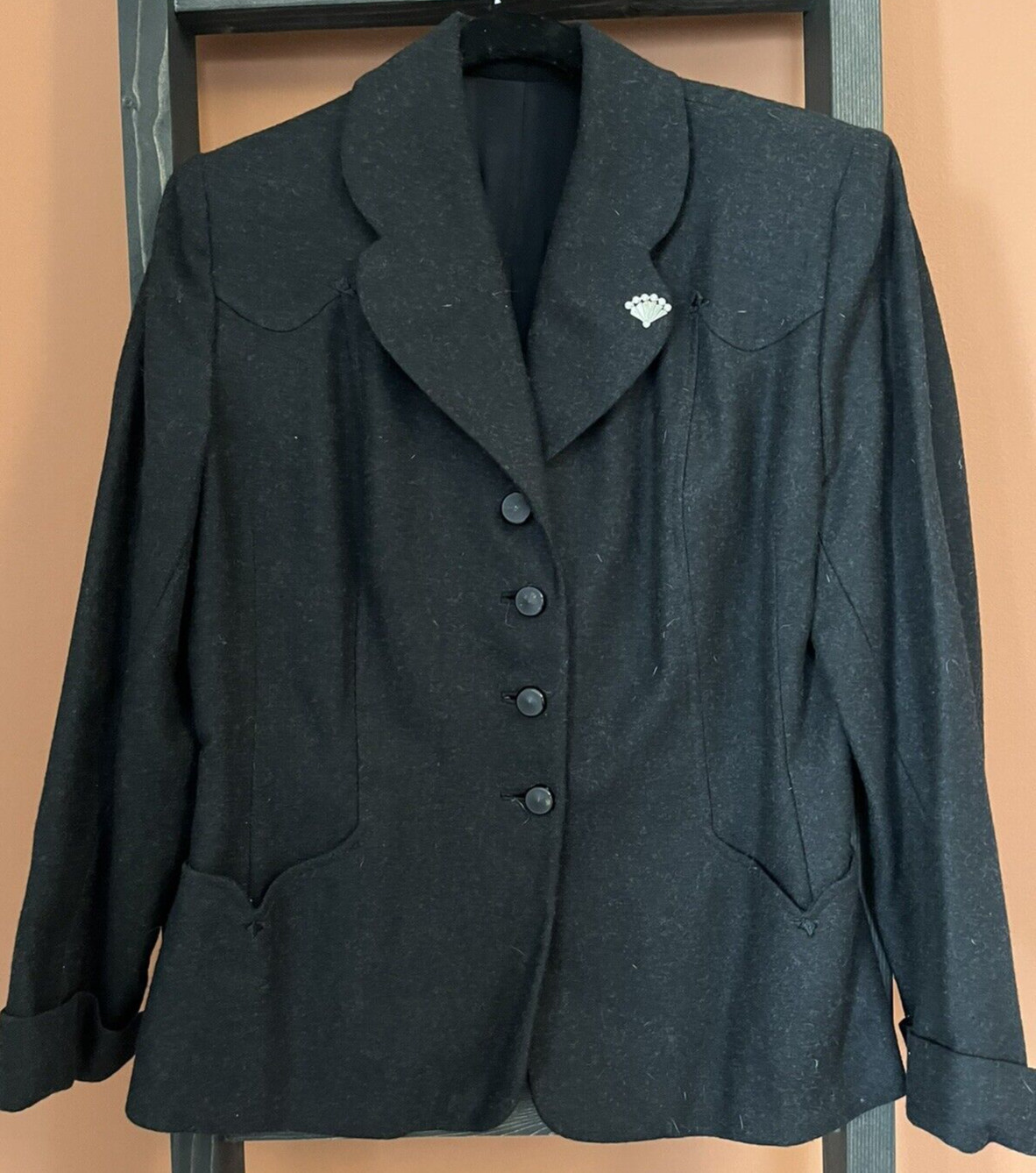 Vintage black felt women’s suit coat with pin circa 1980’s