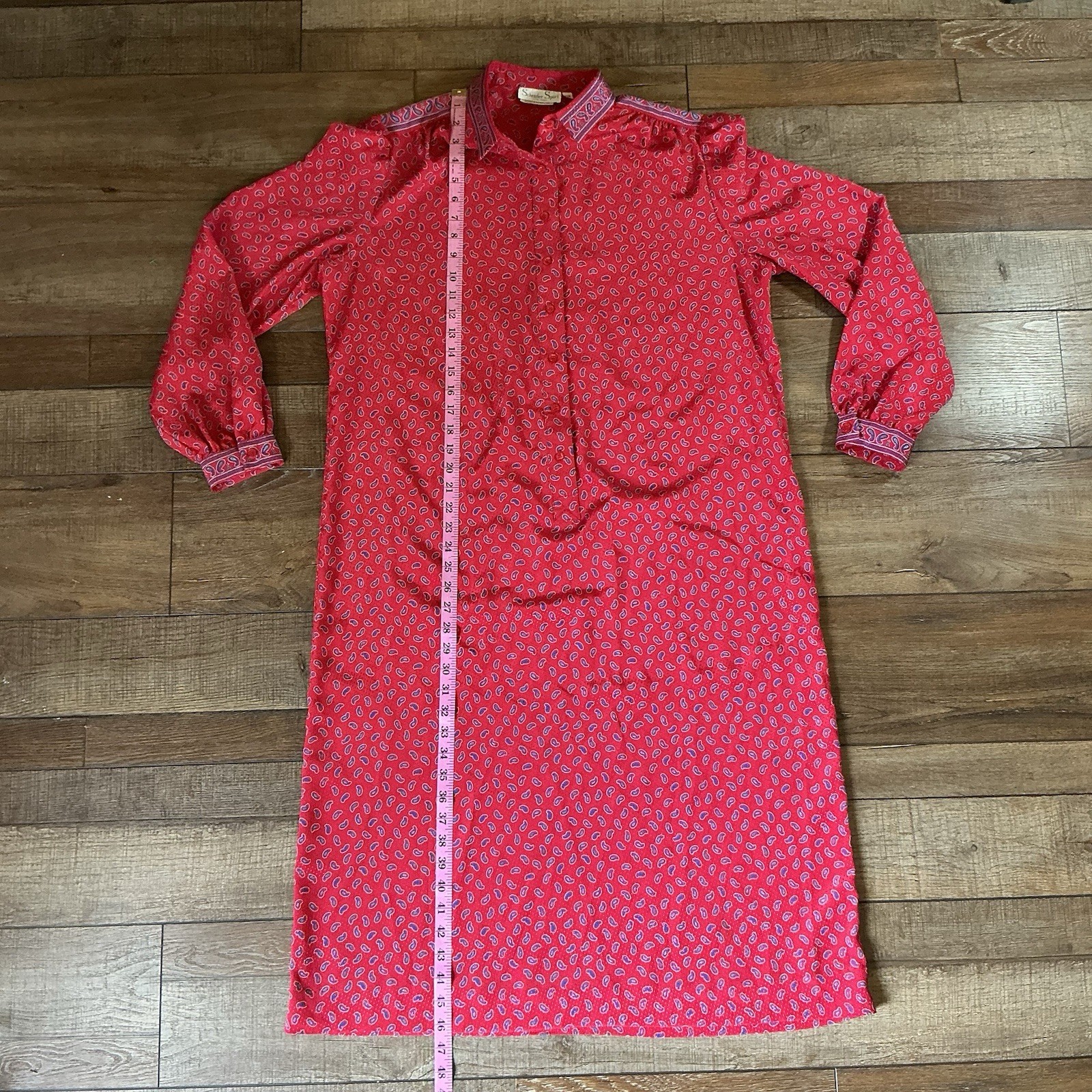 70s VINTAGE Size 18 Schrader Sport Red Paisley Dress USA Made Long Sleeve #53708