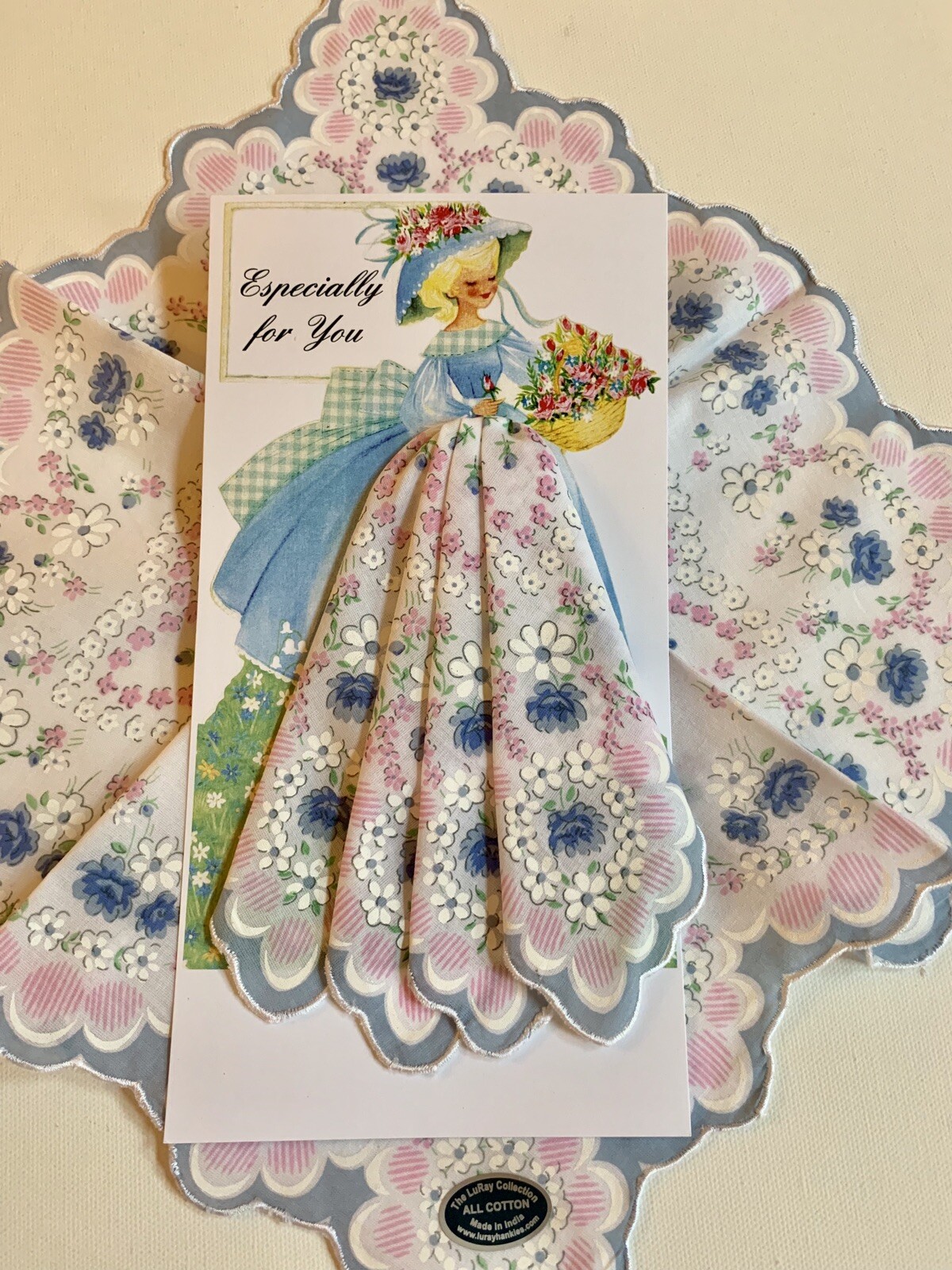Charming New Floral Pastel Pink & Blue Handkerchief Gift Card – All Occasion