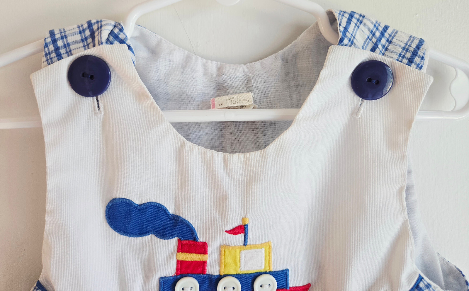 Vintage Toddler SIZE 24 Months Summer Romper Sailboat Blue & White Plaid, EUC