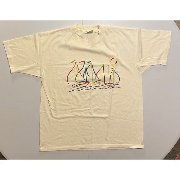 VTG 90s USA Made Single Stitch Sailboat T-Shirt Cream XL Beach Travel Coastal