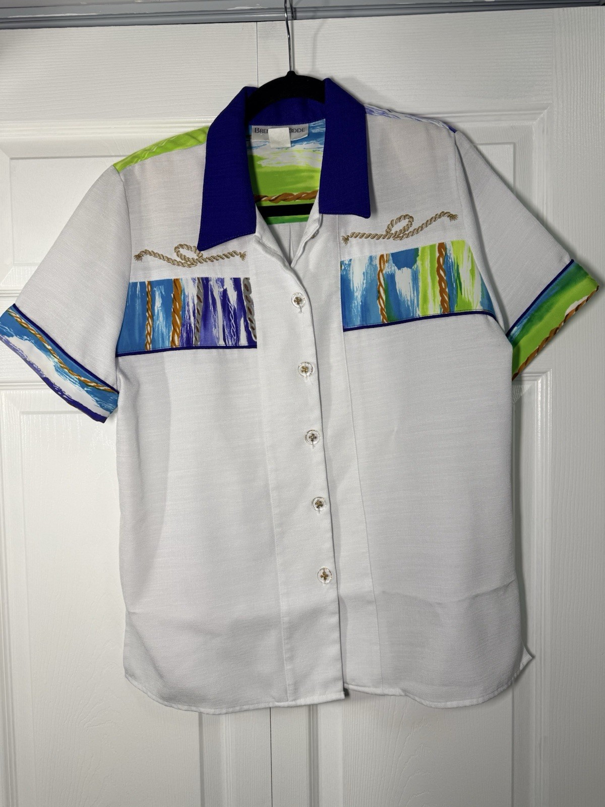 Brenda Goode 80s Vintage Colorblock Patterned Shirt Medium White Blue Green