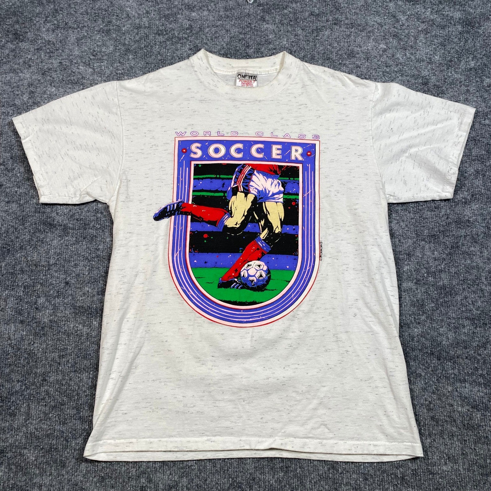 Vintage 1991 Oneita Power-T World Class Soccer Graphic T-Shirt Mens Medium Grey