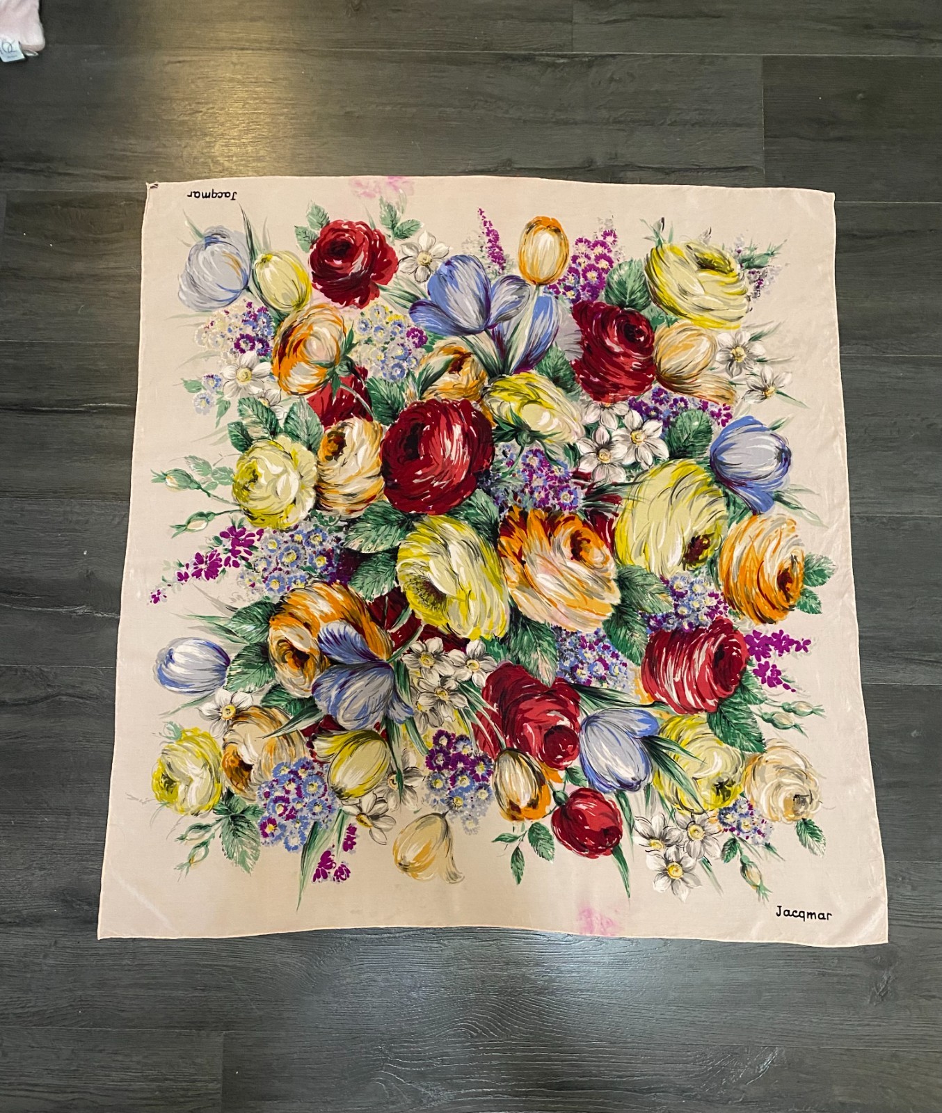 Vintage Jacqmar Vibrant Floral 1960’s Silk Botanical Square Scarf 33″x34.5″