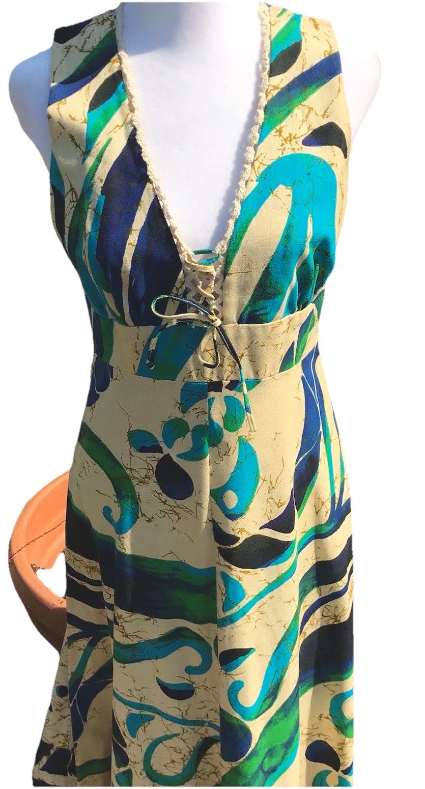 Vtg 70s Malama Hawaii Boho Lace Up Empire Hawaiian Floral Maxi Dress Hippie S M