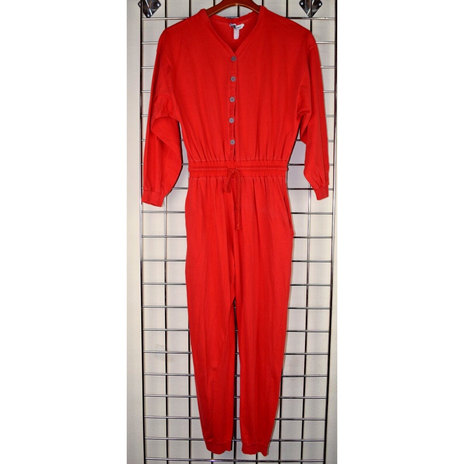Vintage Jumpsuit Oakbrook Size S/M 80s Cherry Red Cotton Snug Fit Made USA