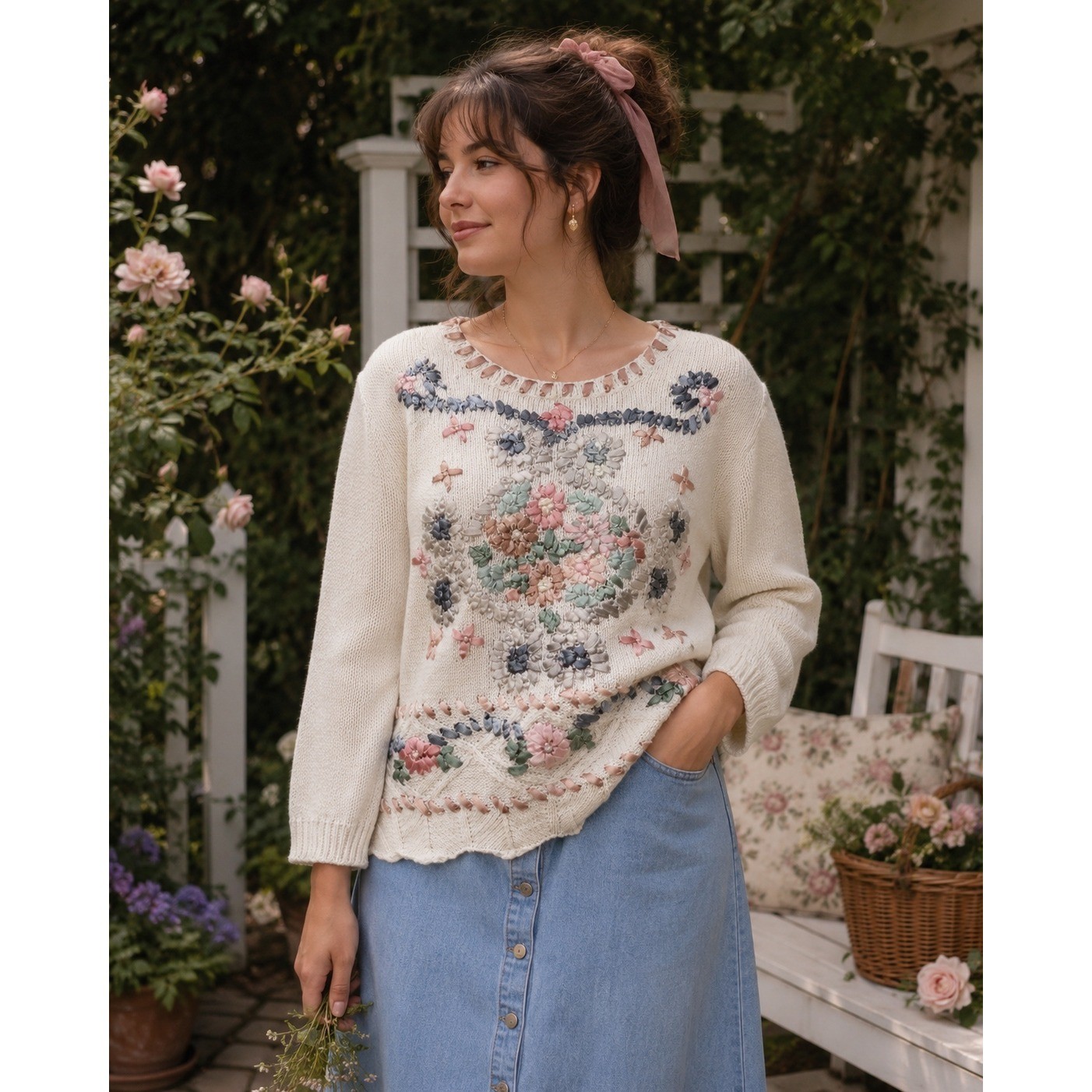 Cottagecore Sweater Womens Ivory Ribbon Floral Embroidery Vintage Grandma Chic