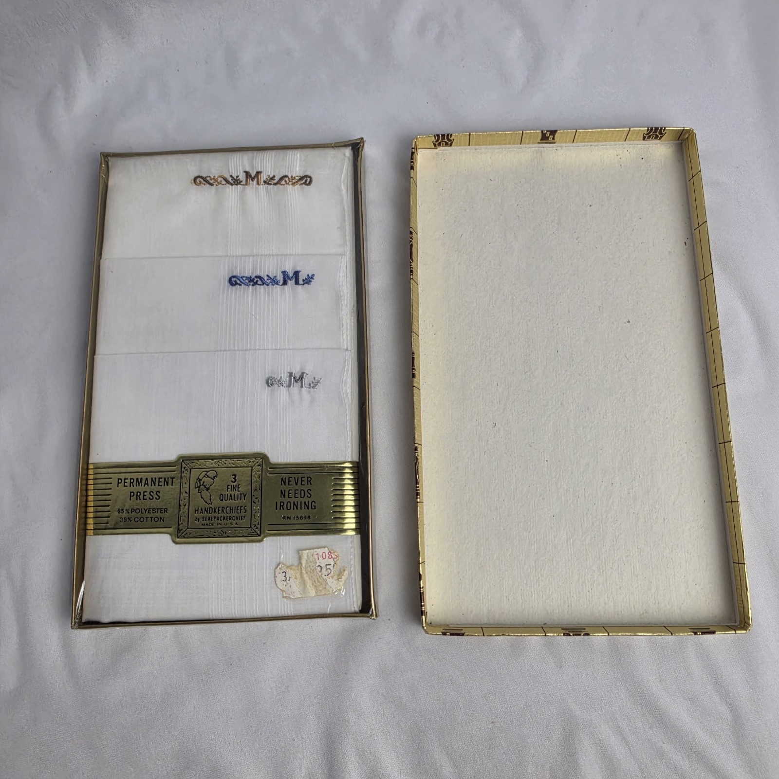 Vintage Mens Handkerchiefs Perm Press No Iron 1 Set Of 3 M Monogram Grandpa NOS