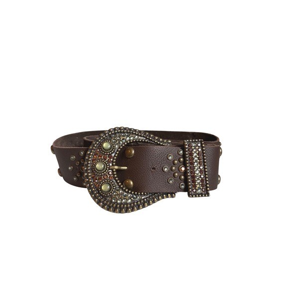 Vintage LEATHERROCK USA Brown Leather Western Rhinestone Belt Boho 41″ L, SZ M/L