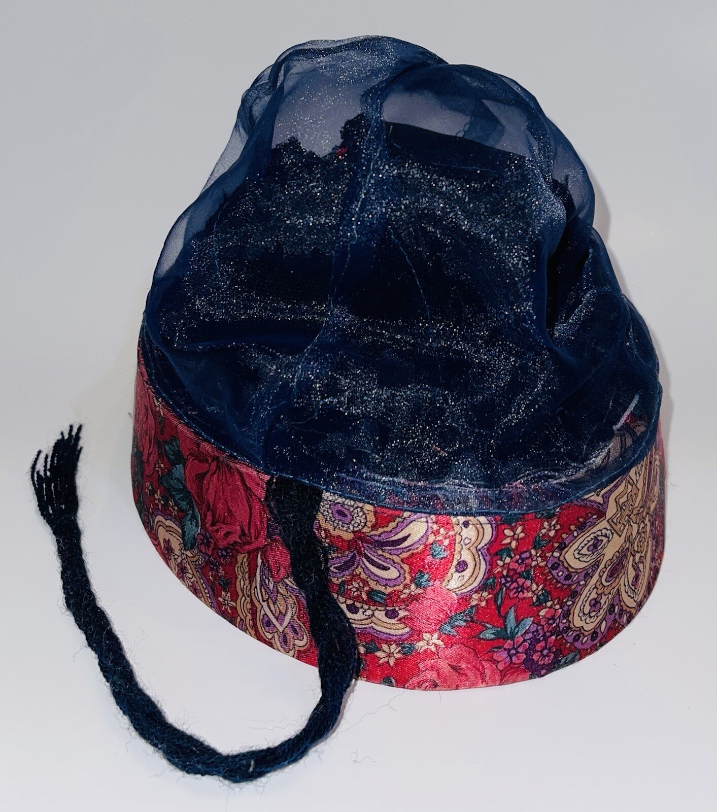 Vintage Oriental Asian Chinese Silk Hat With Braid Roses Paisley Pink Maroon