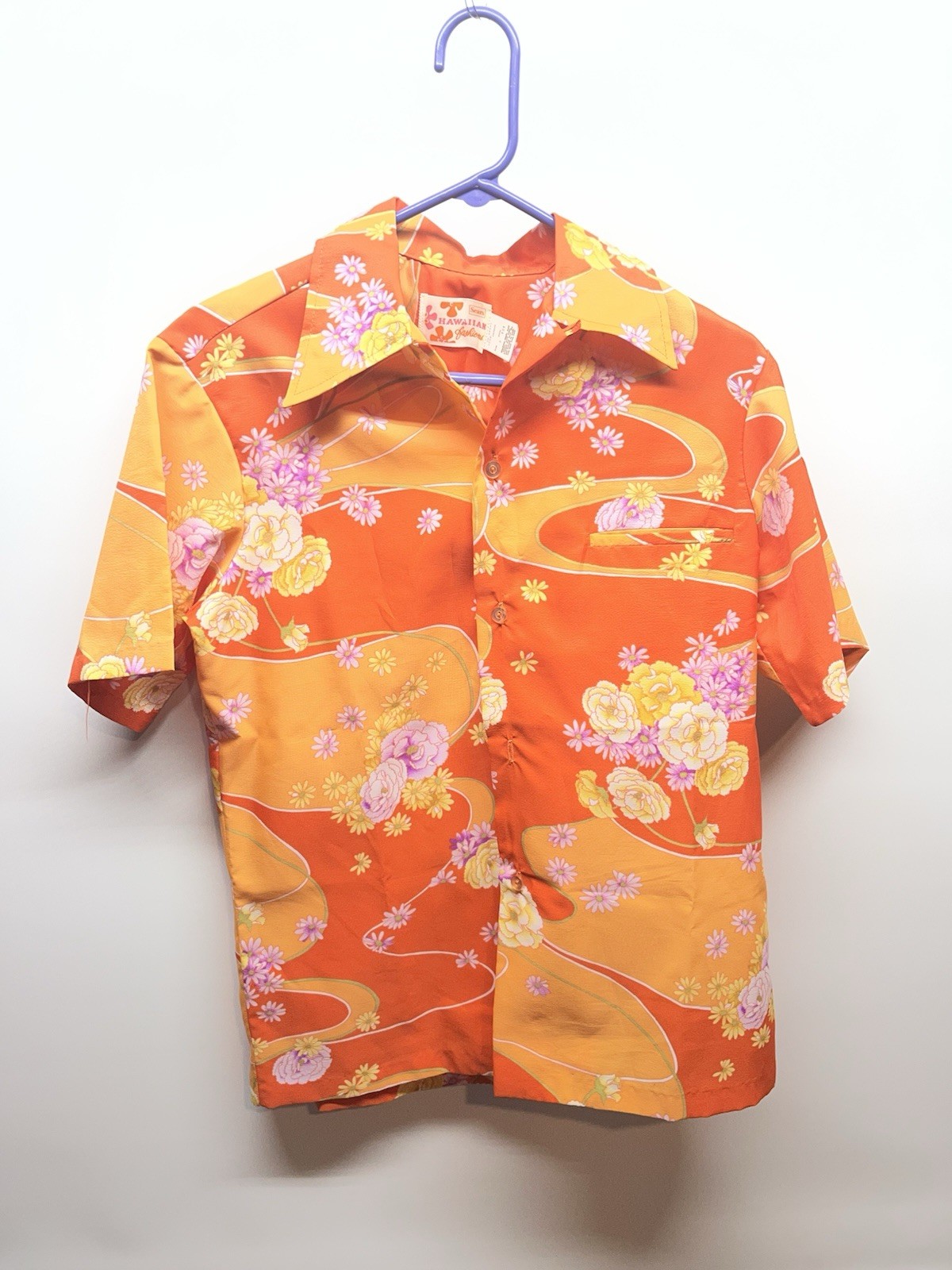 Vintage 1960s Hawaiian Fashions Barkcloth Flower Power Print Men’s Shirt Size S