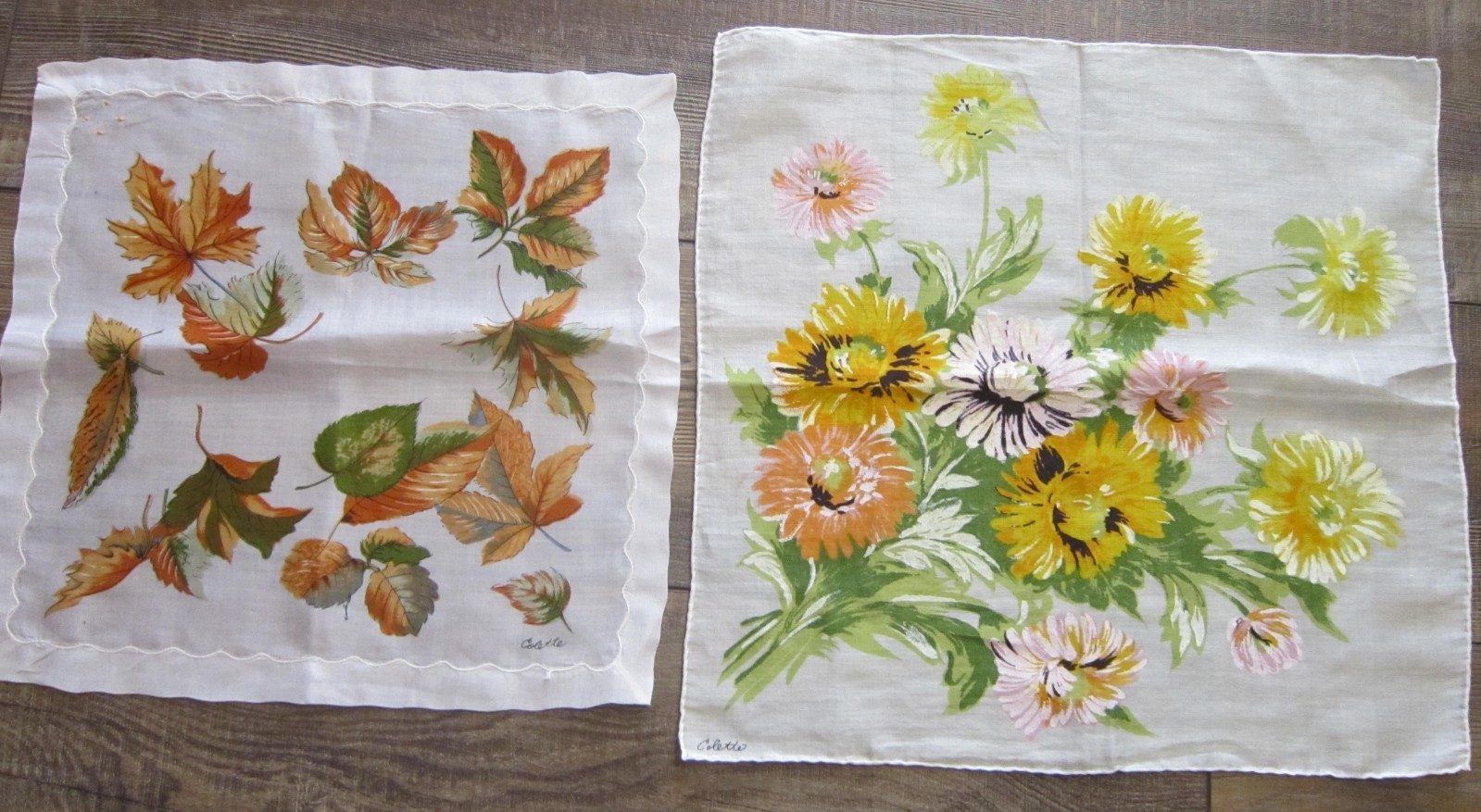 2 Vintage Floral Handkerchiefs- 13.5″ Sq. – 15.5″ sq. Signed Colette
