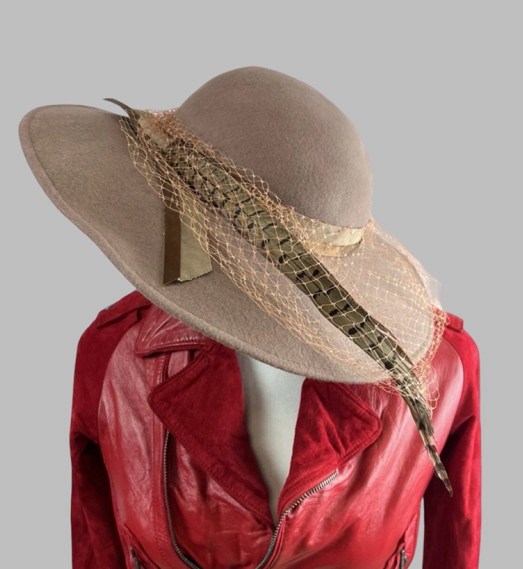 Vintage Felt Wool Wide Brim Hat Netting Pheasant Feather Ruth Alan Splendide