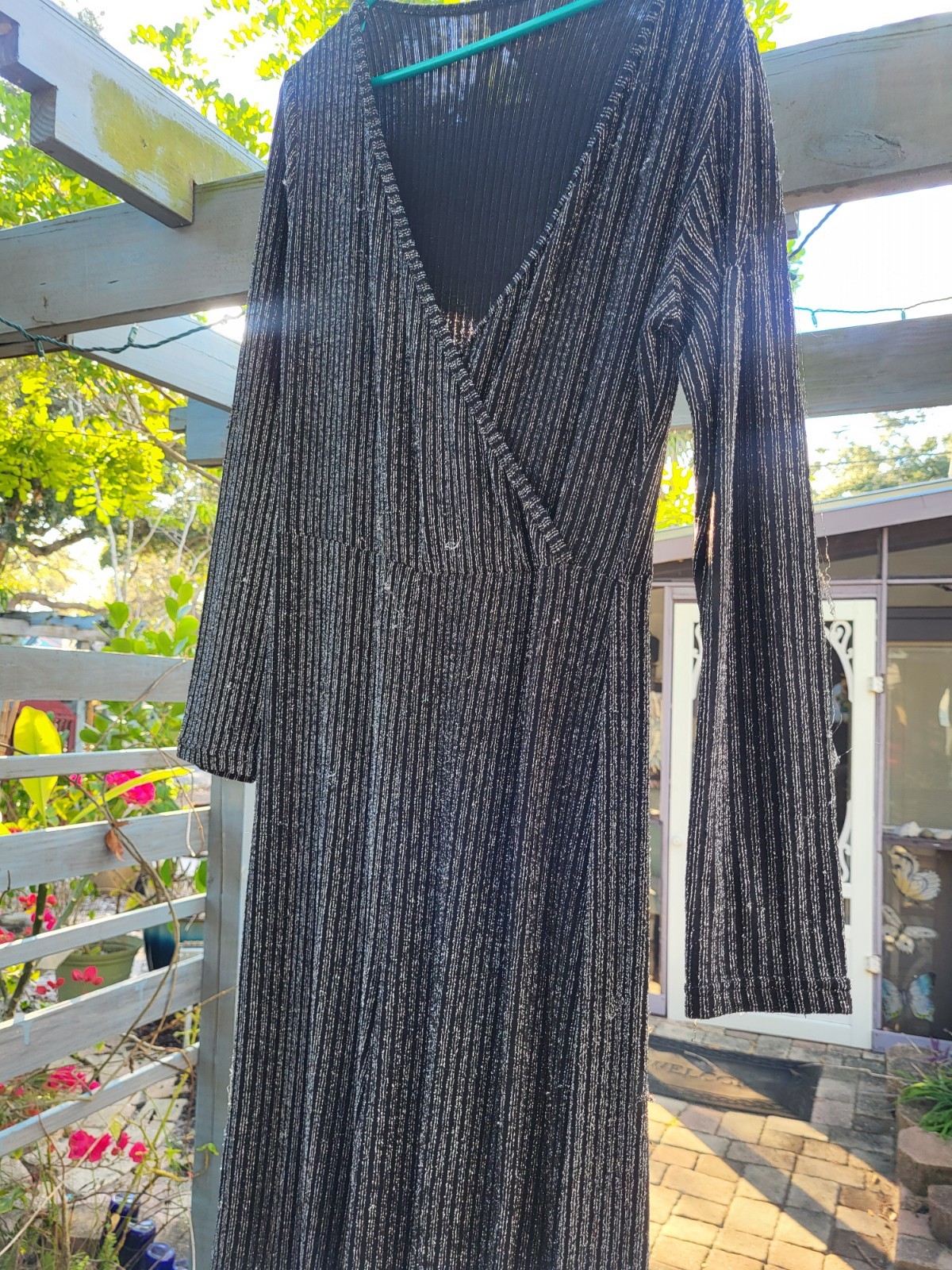 1980s Vintage JUMPSUIT Metallic Silver One pc black lurex stretch Disco New Year