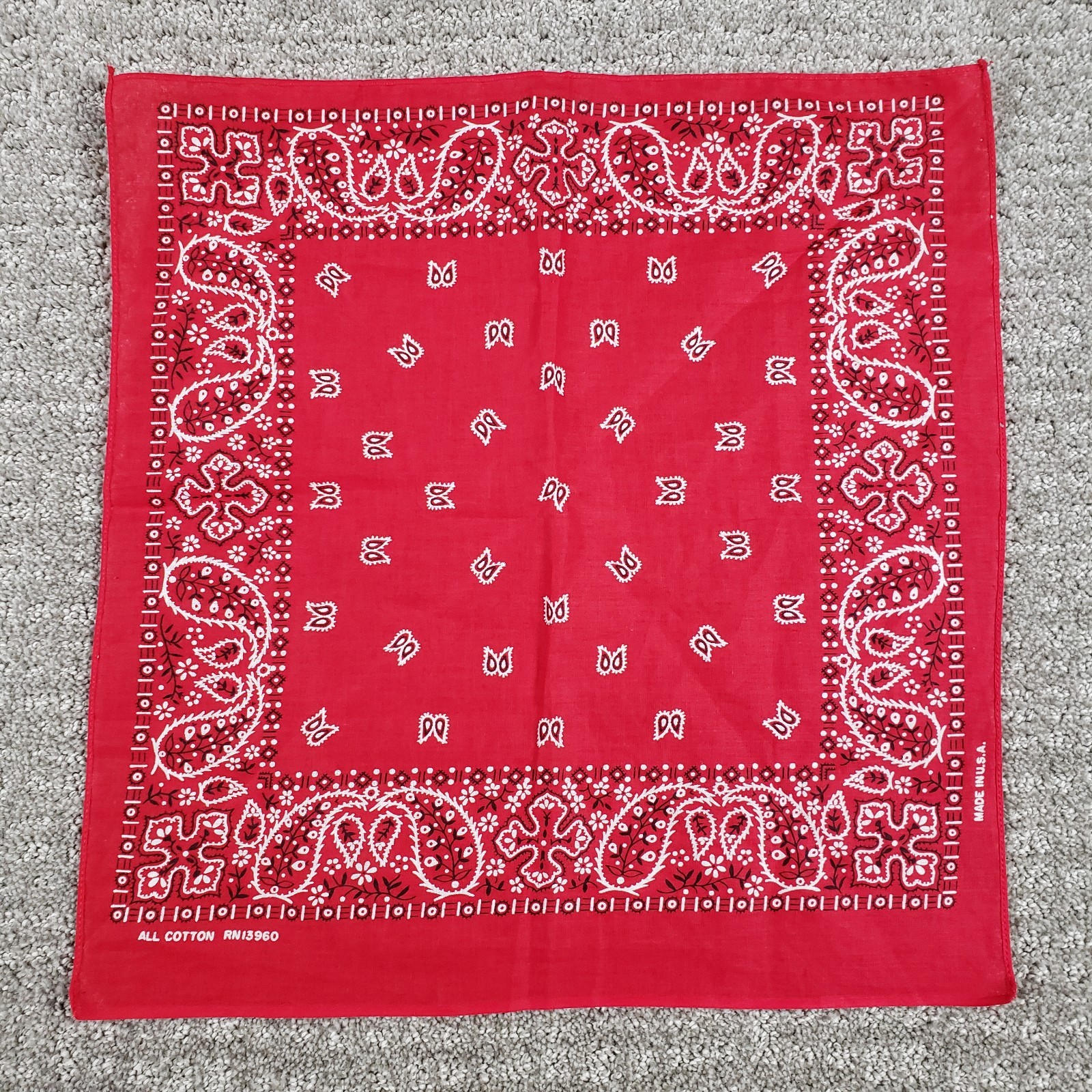 Vintage Bandana Red Paisley Selvedge Made in USA All Cotton 17×16.5 Handkerchief