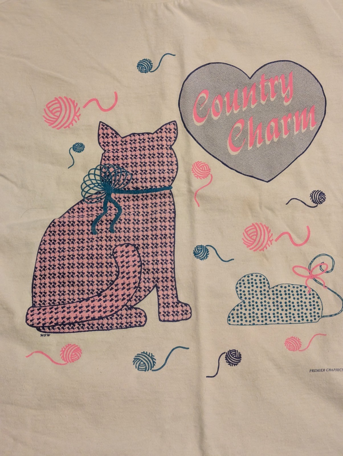 Vintage ’80S Single Stitch “Country Charm” Cat And Yarn Ball T-shirt Size Medium