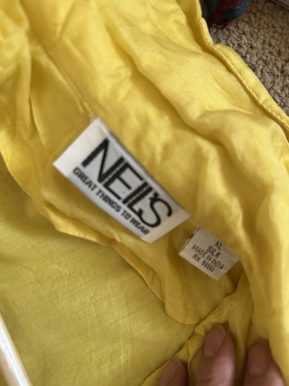 VTG Neil’s Silk Blouse Jacket XL Yellow Fruit Cherries Embroidery F16