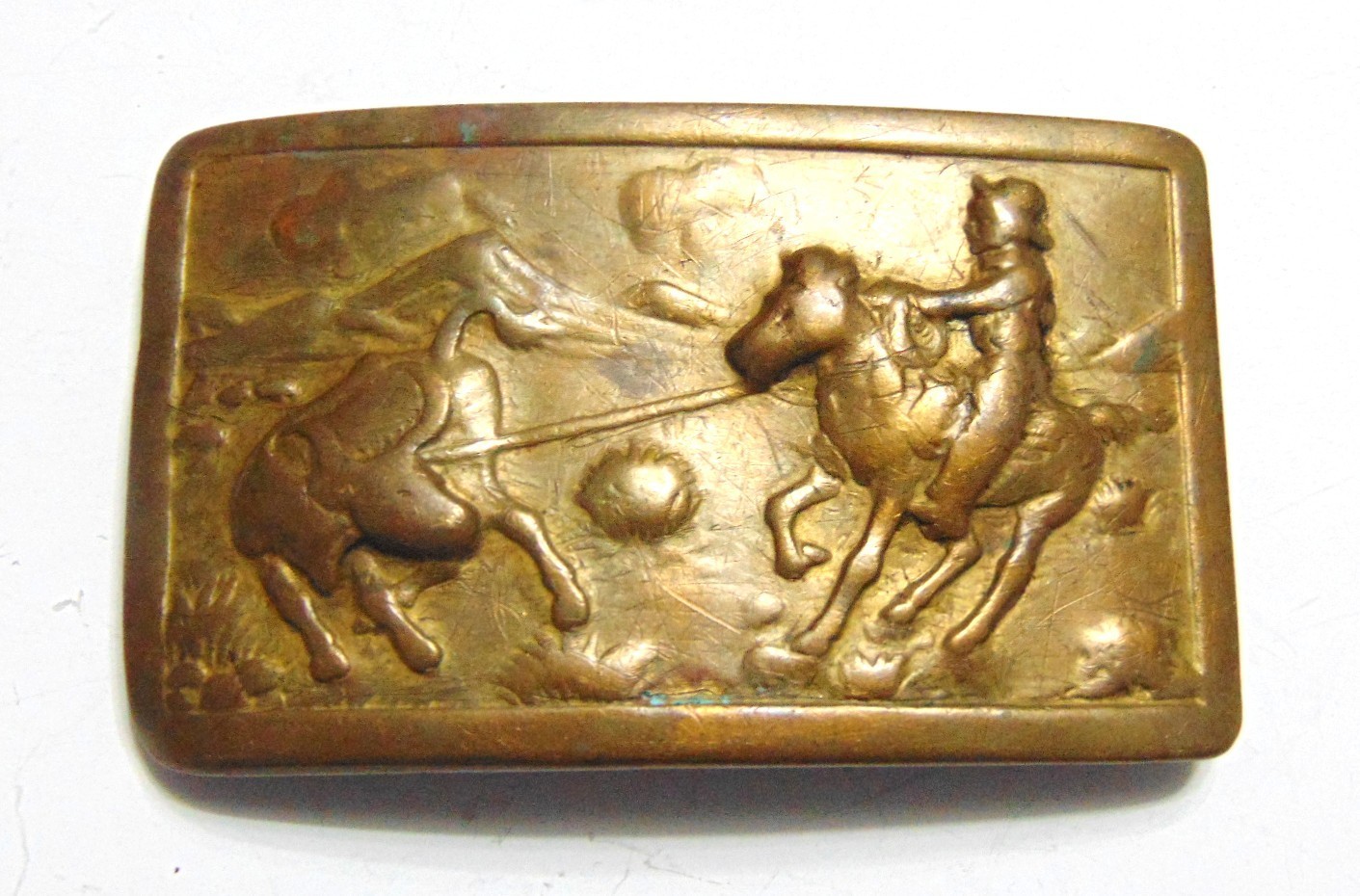 Vtg Bronze or Brass Cowboy Roping Calf Horse Open Range Mountains Belt Buckle