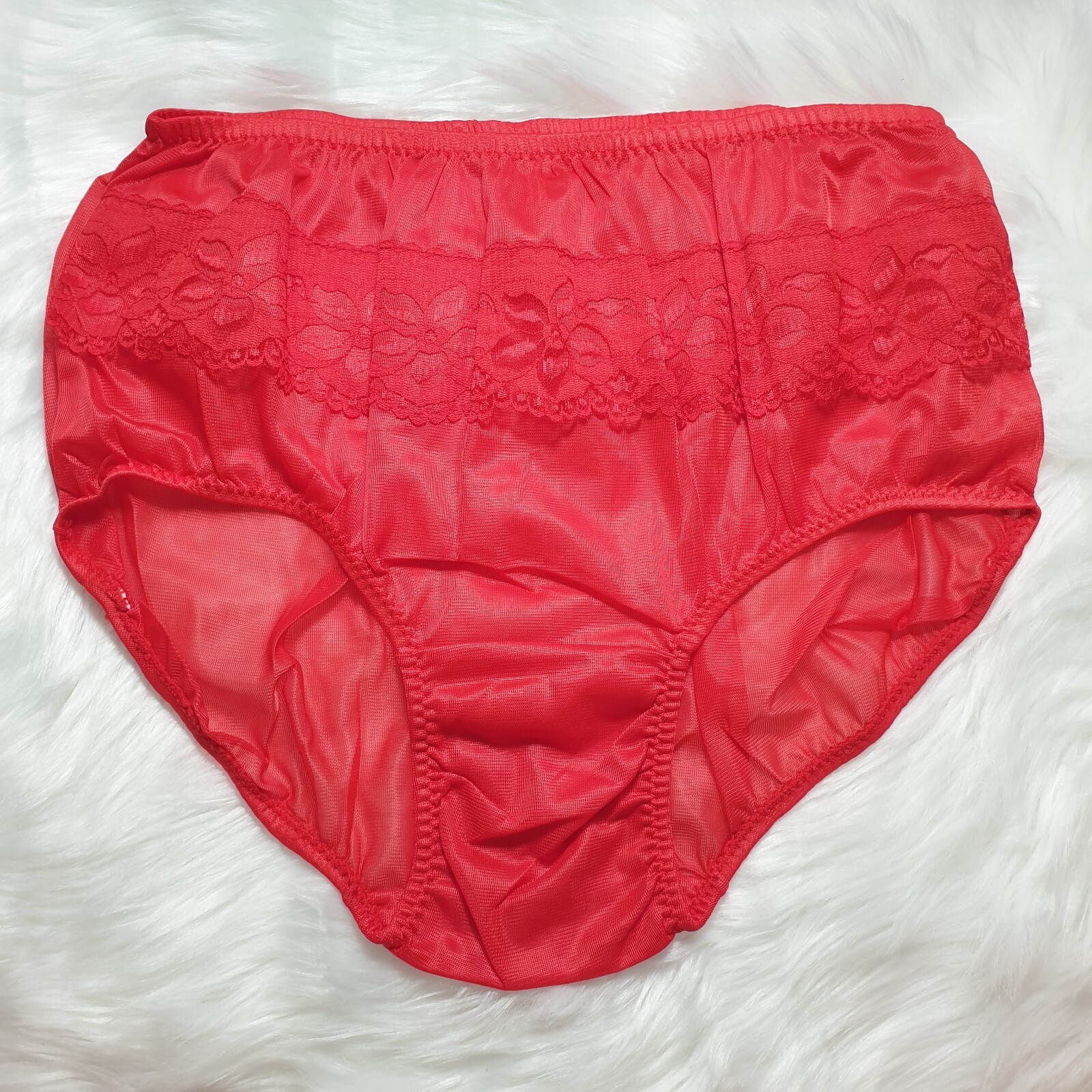 Vintage Sheer Nylon Panty Sissy Red Floral Lace Granny Brief Sz. 8/XL Hip 39-43″