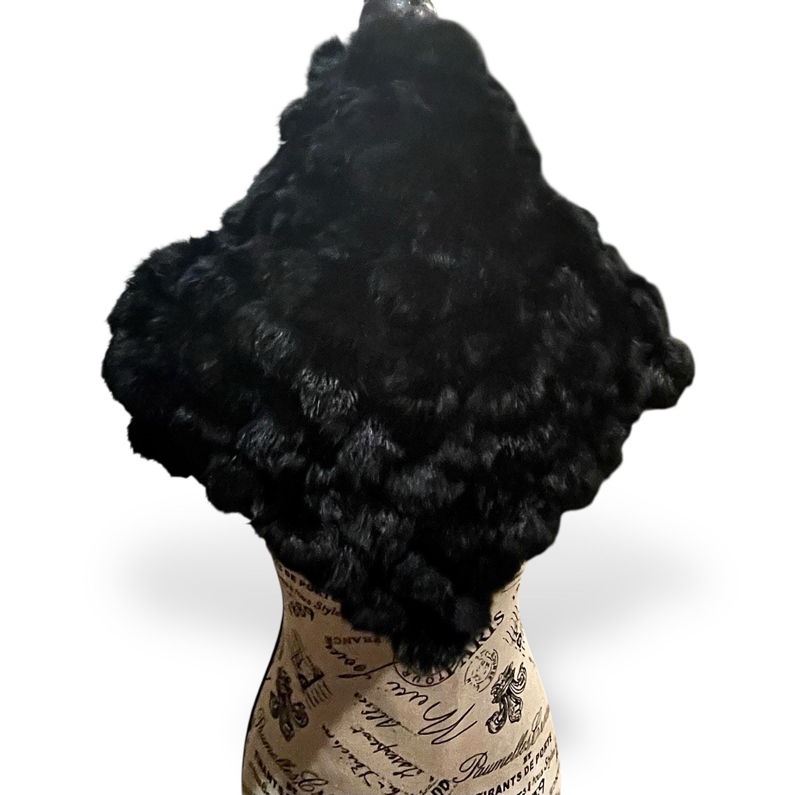 Vtg Black RABBIT POM POM Scarf Triangular Shoulder Shawl Head Cover Tres Chic!