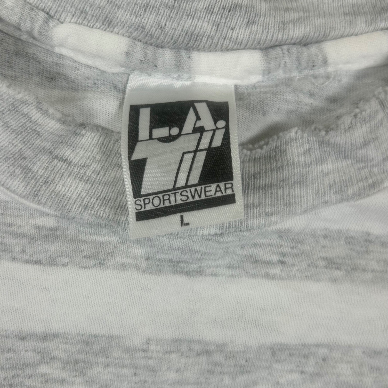 L.A. Sportswear Men Large White Gray Striped New Age Health Spa T-Shirt USA Made