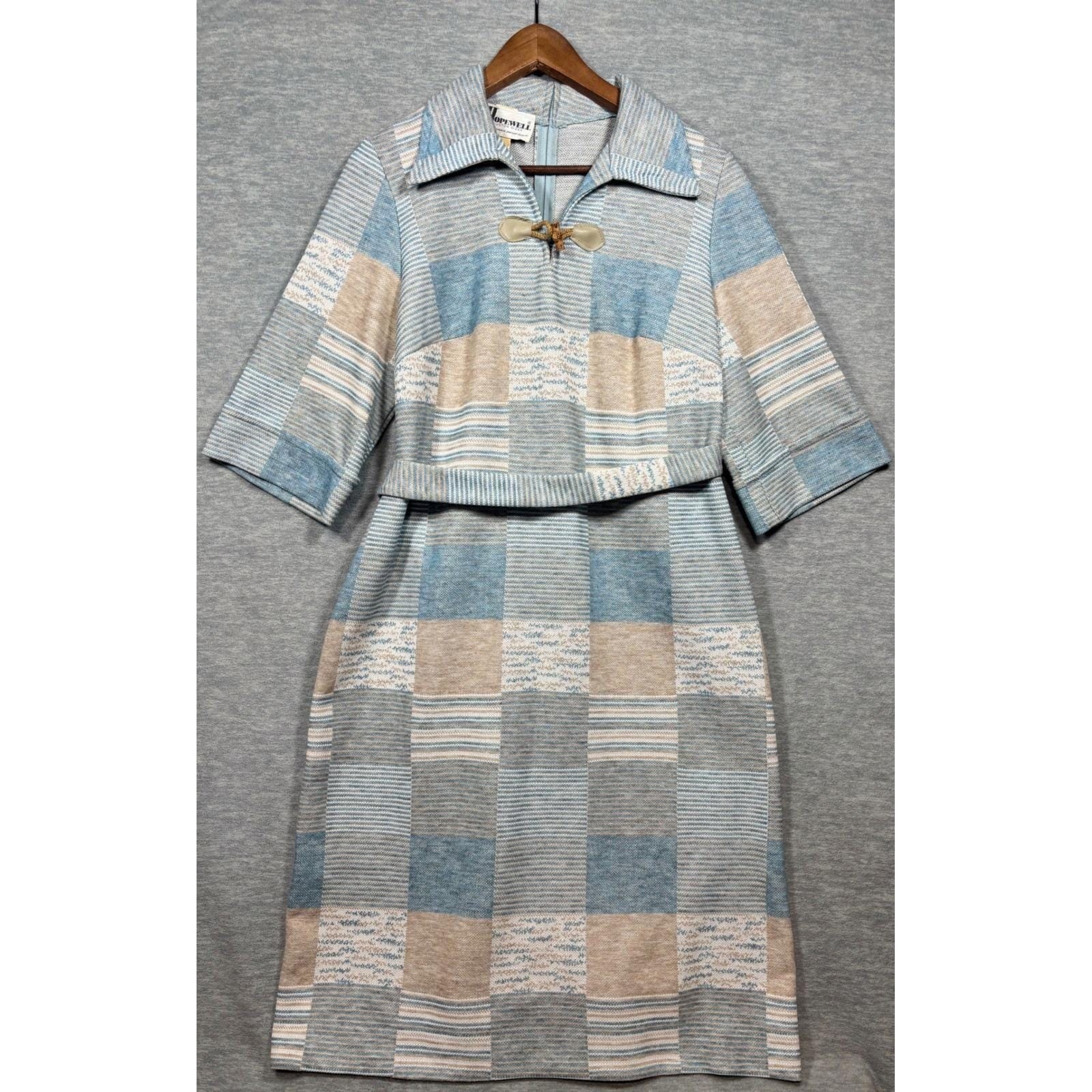 Vtg 70s Hopewell Jonathan Logan Plaid Knit Toggle Midi Dress Blue Tan 16C 70s