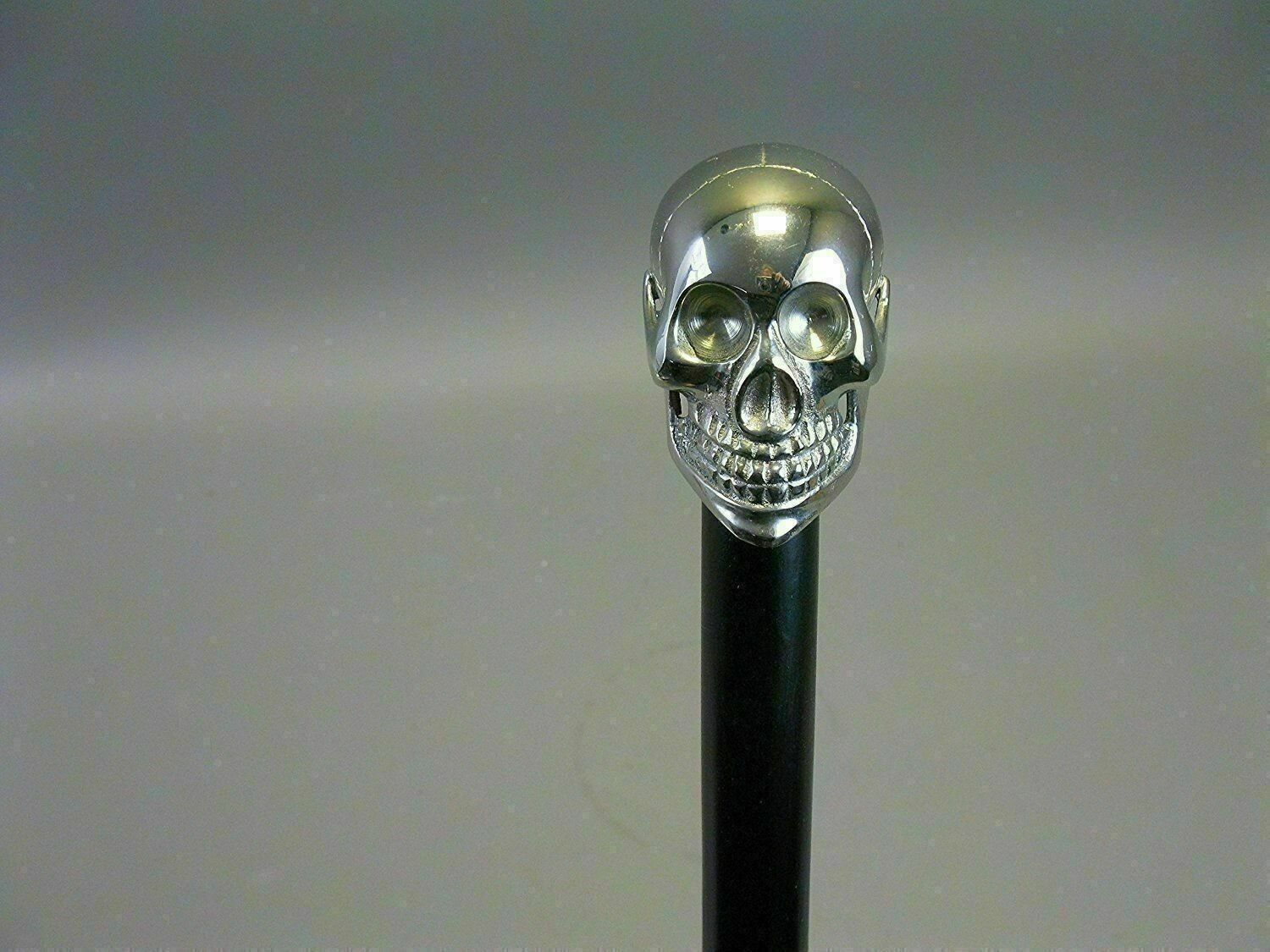 Antique Brass Skull Head Handle Vintage Wooden Walking Stick Solid Cane Gift