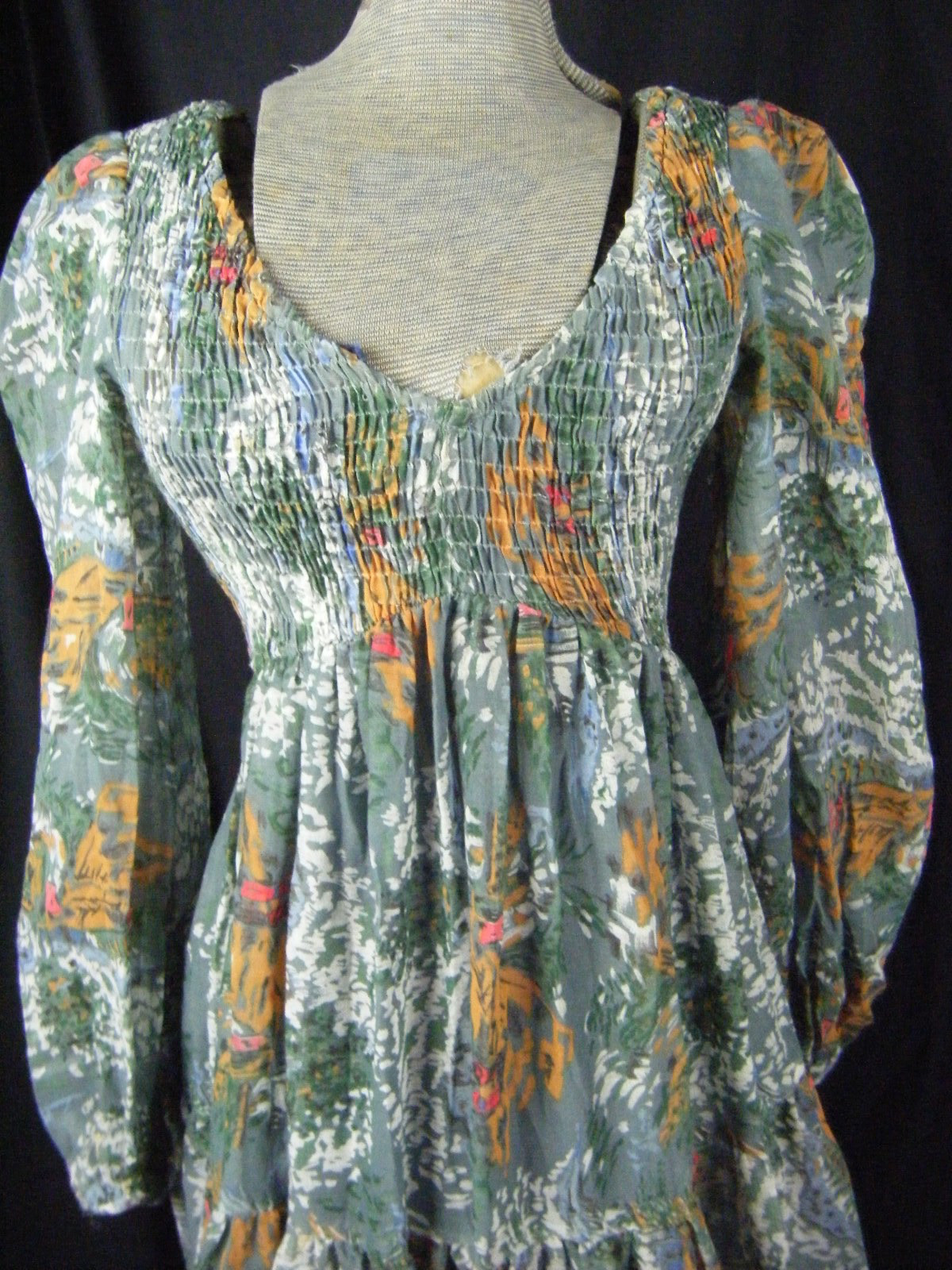 JACK KRAMER Vtg Blue Grey Shirred Prairie Gunne Style Dress-Bust 28-34/2XS-XS