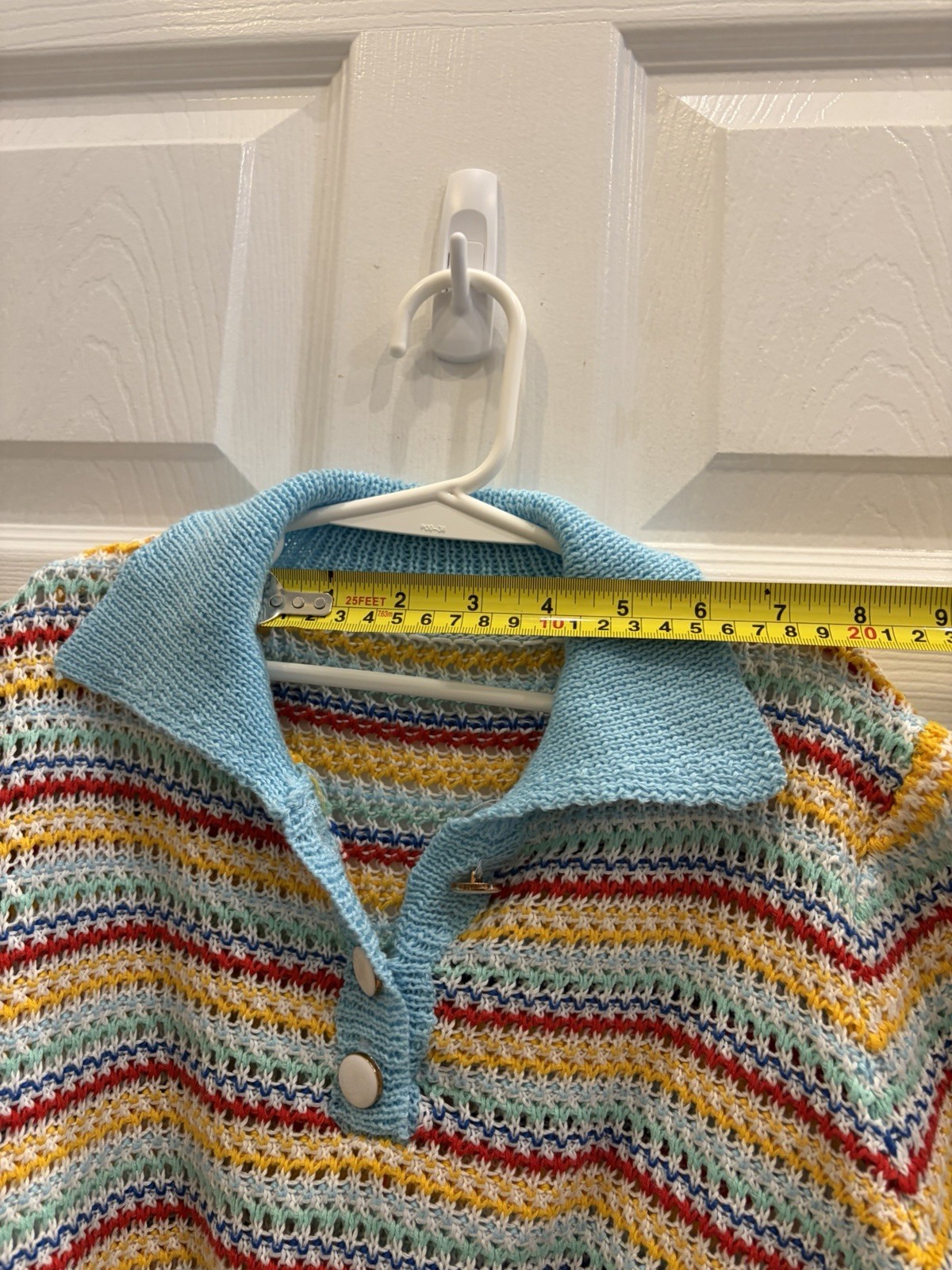 Vintage Handmade Crochet Sweater Top, Stripe Blue Collared Short Sleeve, Crop