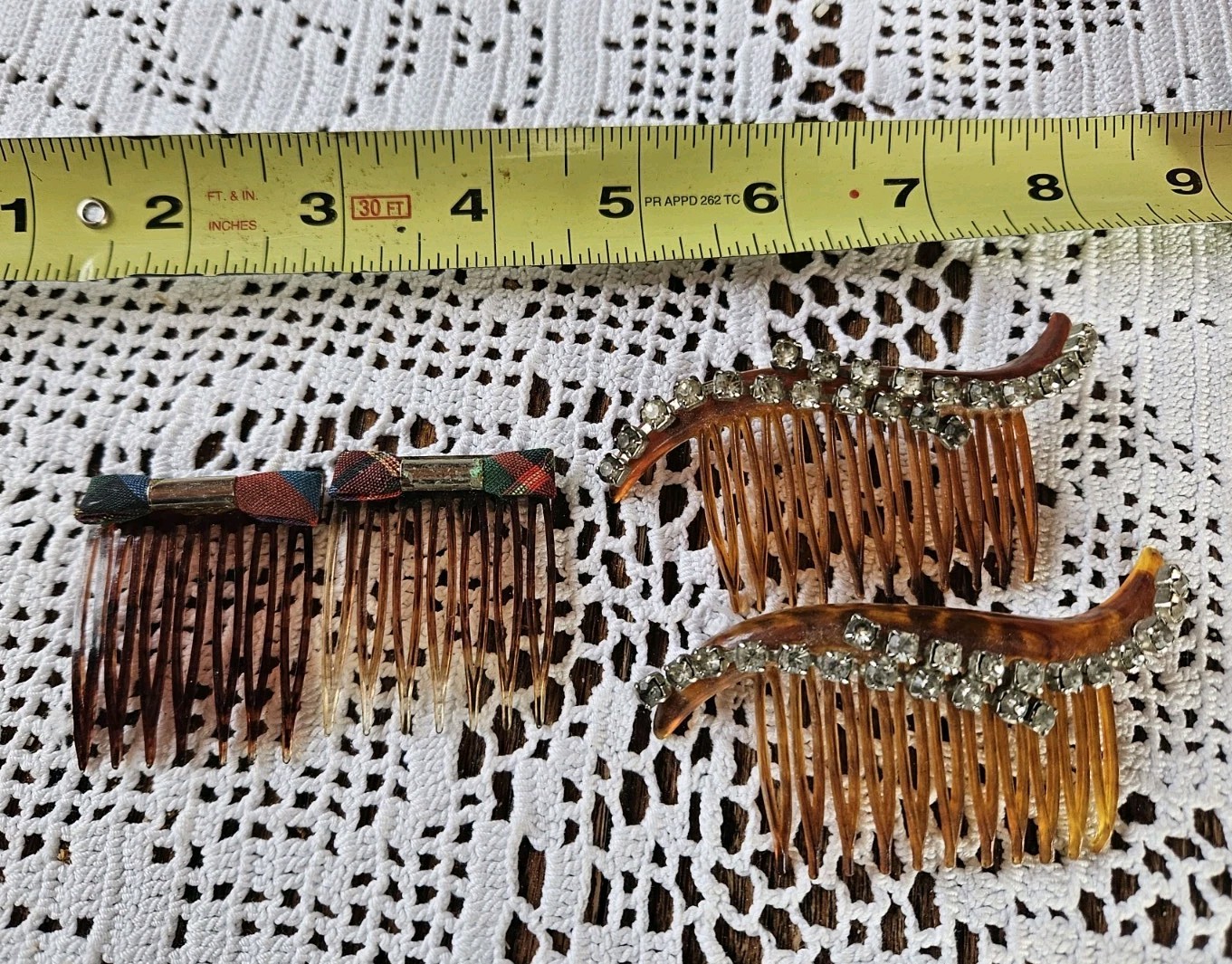 Lot 4 Vintage Plastic Tortoise Shell Hair Combs Rhinestones And Plaid