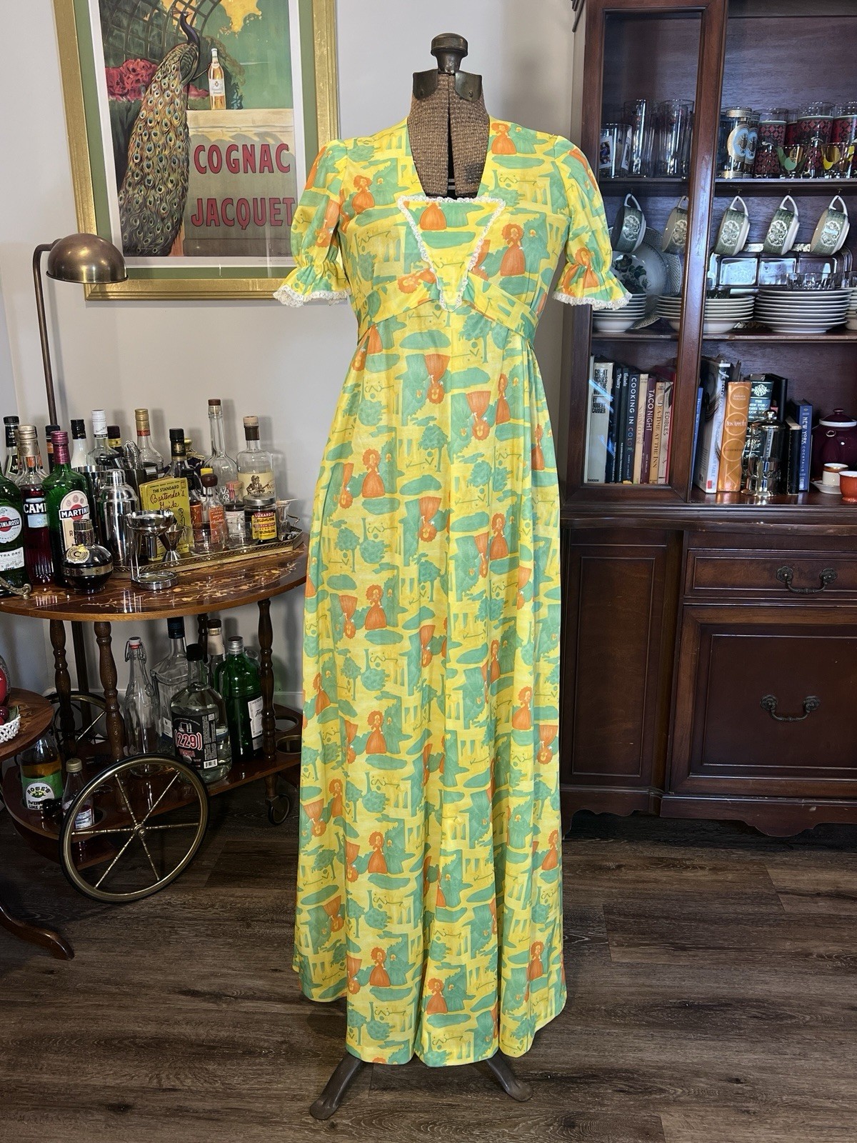 Vintage 1970s Handmade Yellow & Green Empire Dress with Lace Trim