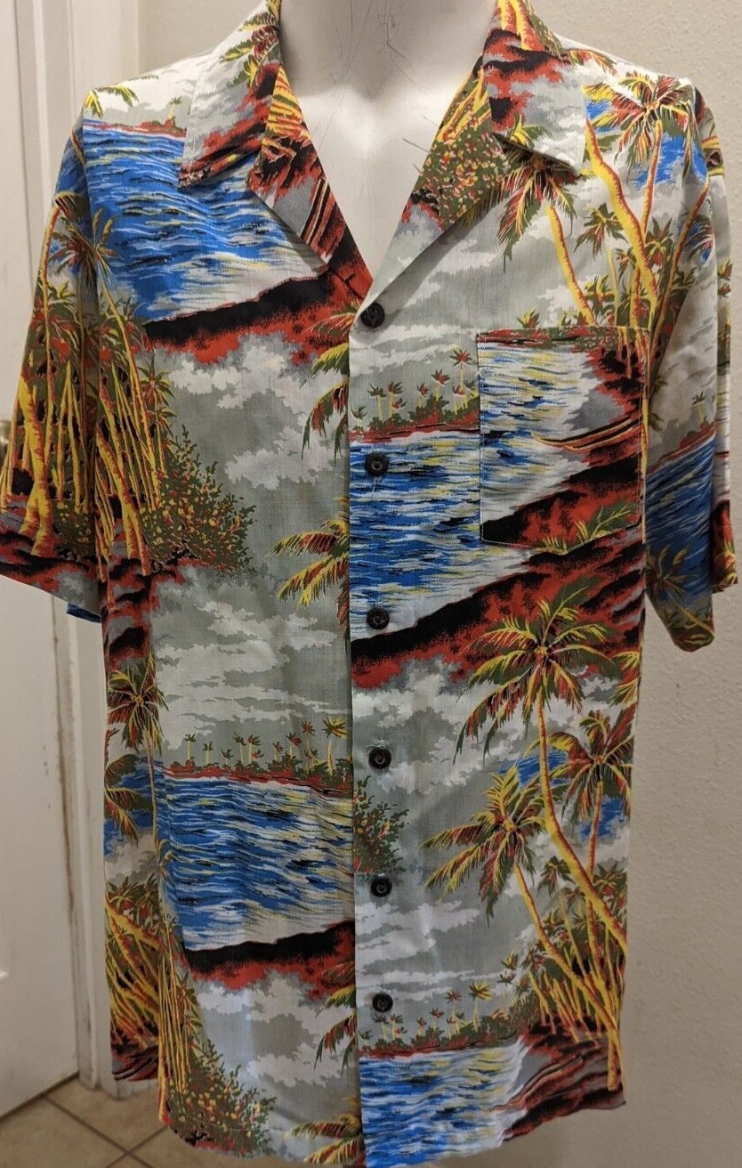 ALFIE CALIFORNIA 1970s VINTAGE Hawaiian Palm Trees Island Button Down