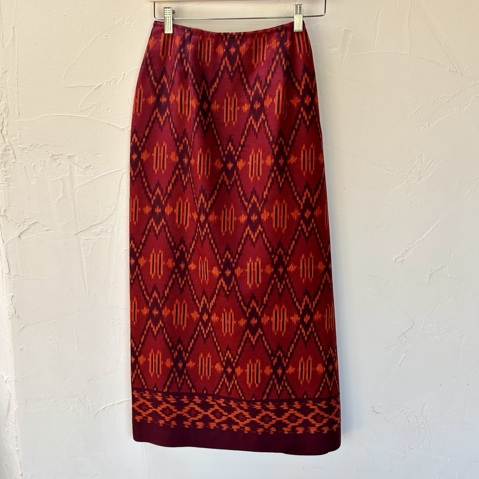 Vintage Jones New York 100% Silk Ikat Print Midi Skirt Size 10 Red Rust