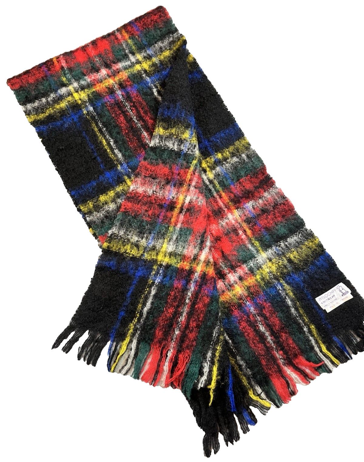 Vintage Pitlochry Scotland Wool Scarf Red Blue Yellow Tartan Plaid Fringe EUC