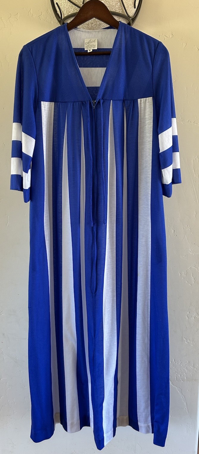 VTG USA Ariel Blue & White Stripes 3/4” Zip Up Mumu Caftan Gown Size Small S