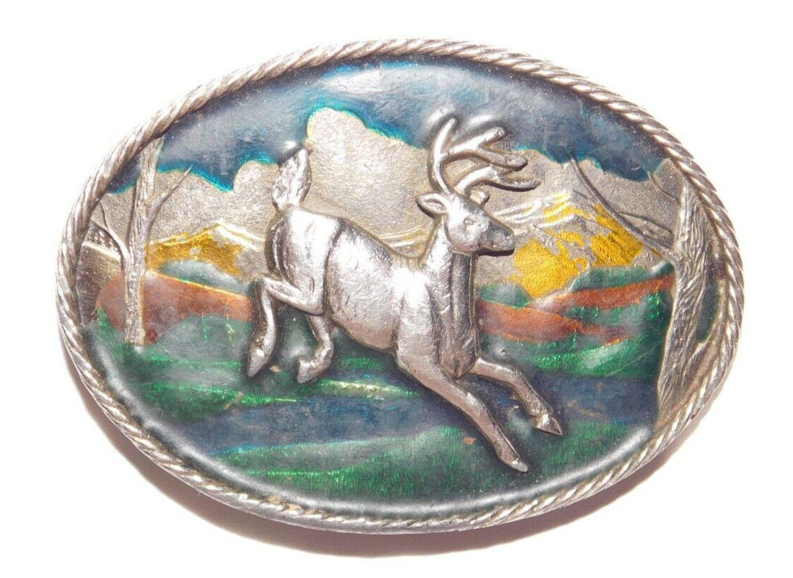 VTG 1980 AMERICAN BUCKLE Co. JUMPING DEER H472 OVAL MULTICOLOR Belt made in USA