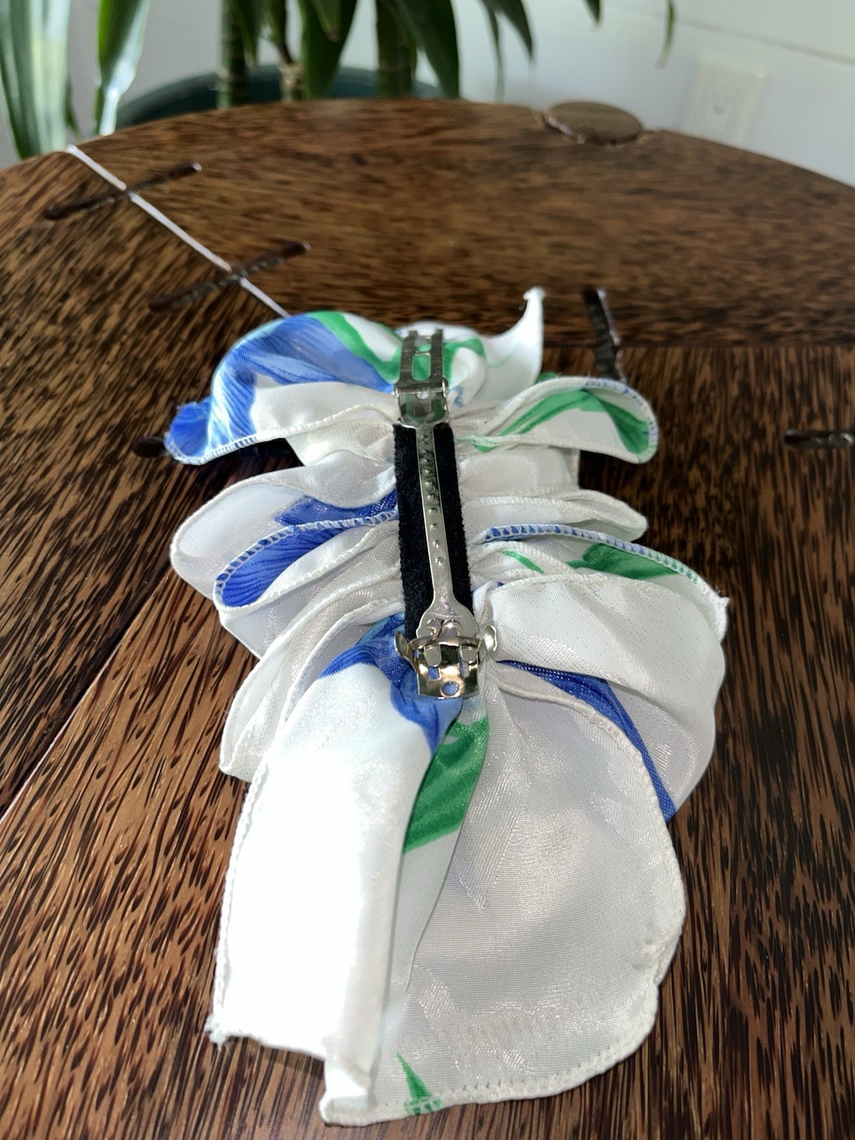 Vintage 1980s / 90s White, Blue & Green Floral Large Hair Bow Barrette Clip