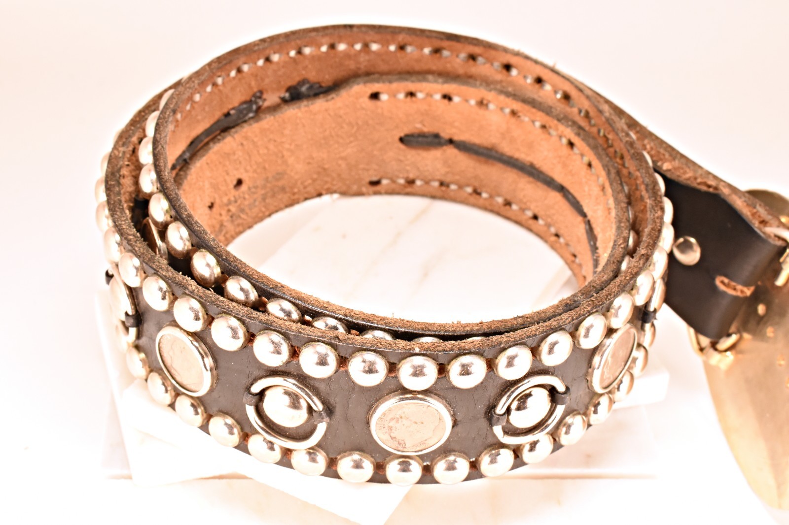 Vintage Black Studded Leather Belt Gold Floral Buckle Western Biker Rock 70s 80s
