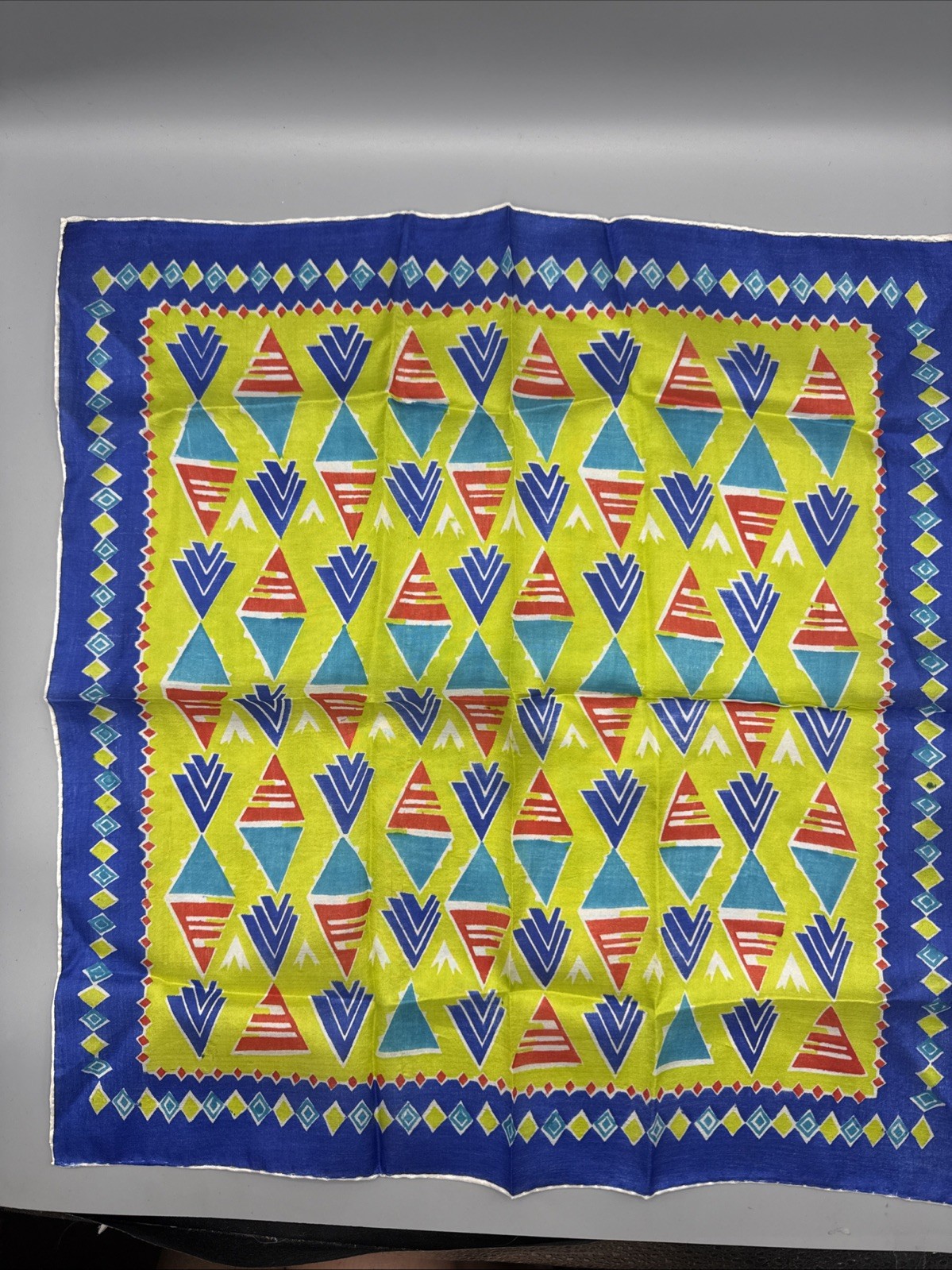 Vintage Geometric Print Scarf Handkerchief Blue Neon Retro Mod 17×16 Square