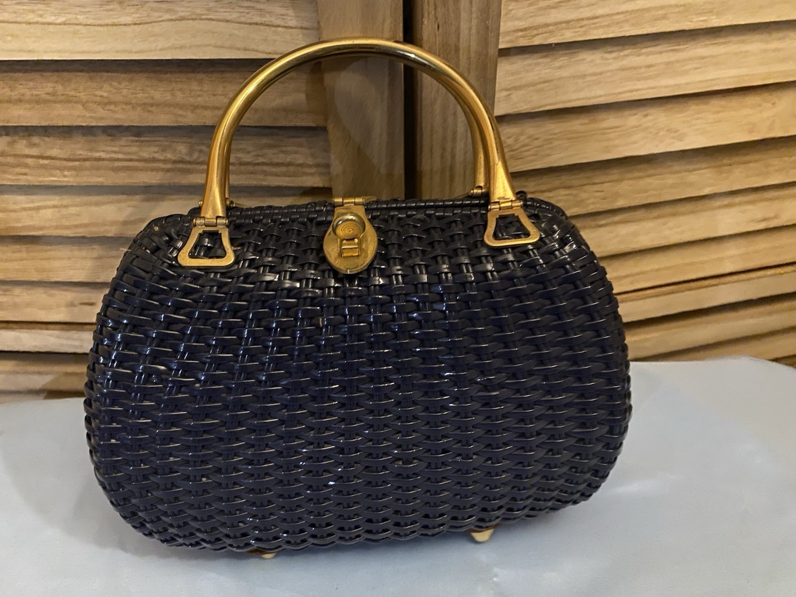Vintage 1950’s Lesco Lona Dark Blue Wicker Rattan Purse Hong Kong