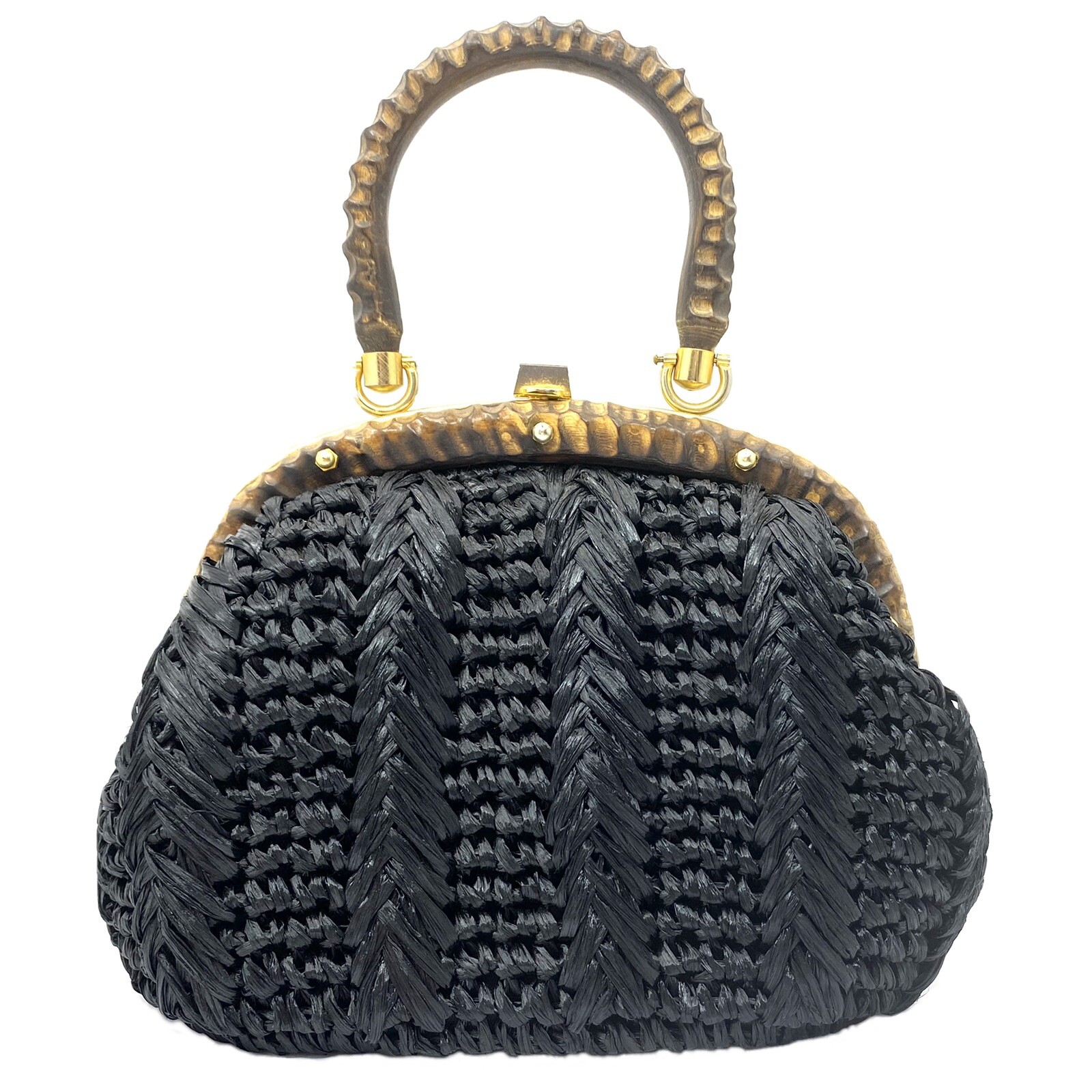 Vtg 1960s Black Handbag Raffia Ribbon Frame Woven Carved Wood Handle