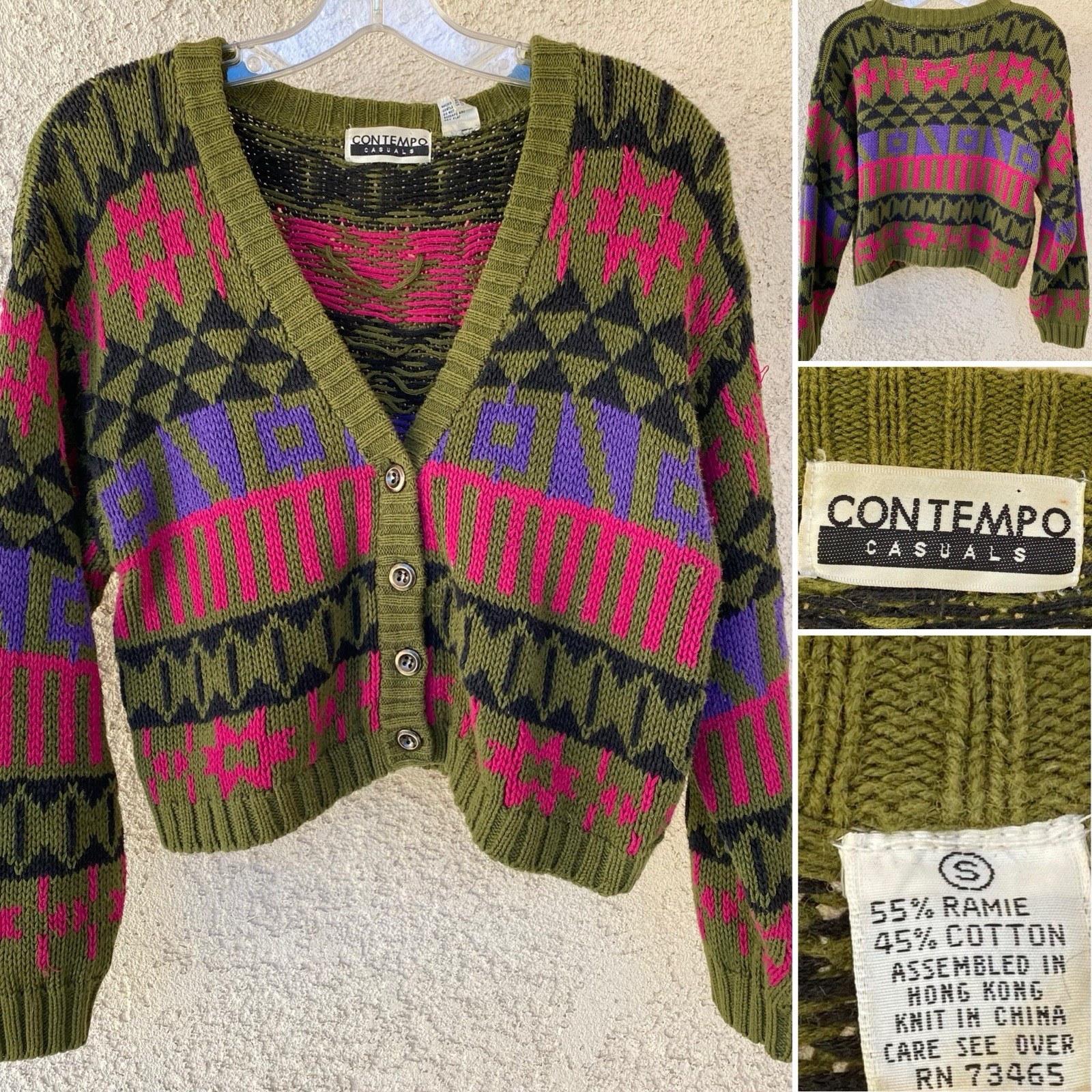 Vtg Contempo Casuals Southwestern Ramie Cotton Cropped Cardigan Sweater S