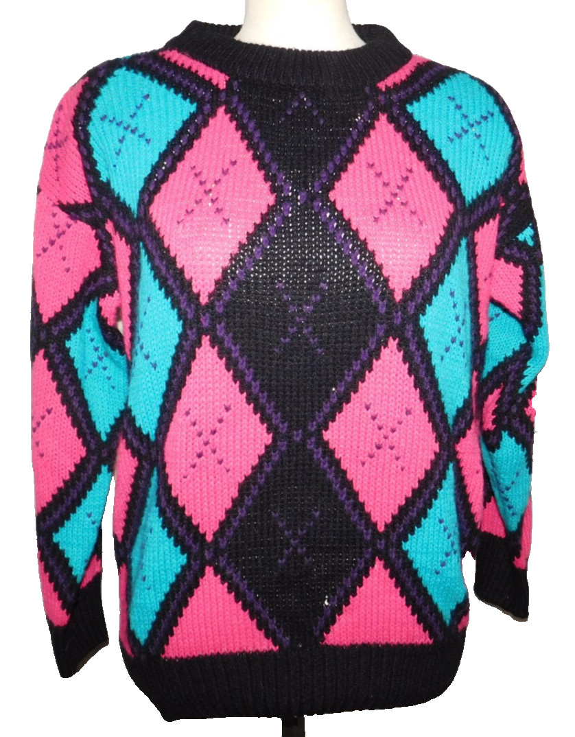 VTG 80’s TLC by LAMBERT KNIT SWEATER CREW NECK ARGYLE DIAMOND PINK & TEAL sz M