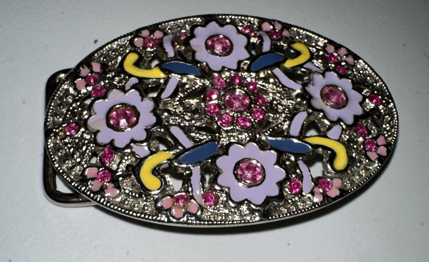 Gold Tone Floral Enamel With Pink Stones Belt Buckle 3” By 2”
