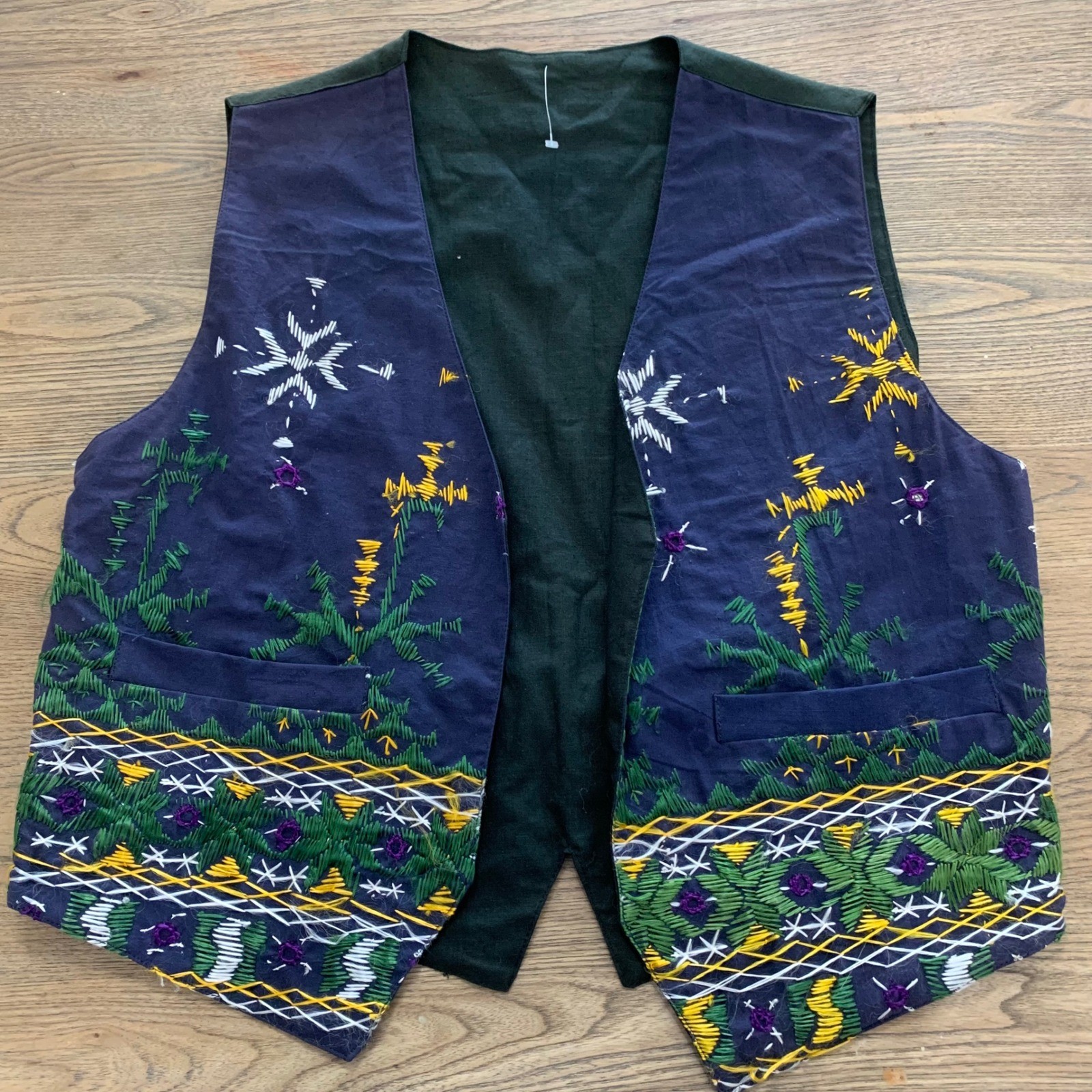 Hand Craft Reversible Embroidered Cotton Vest Navy Black Mirror Work India 21×22